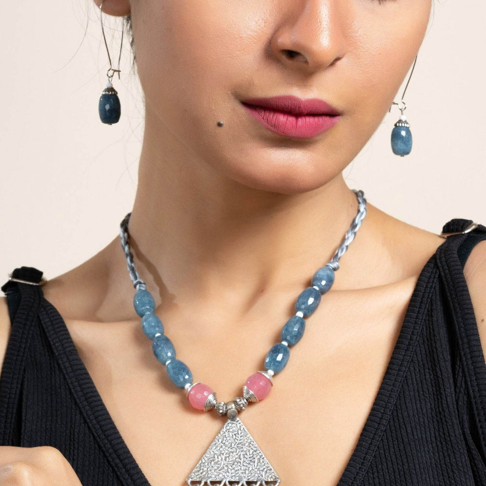 Handmade Semi Precious Pink Grey Onyx Jade with German Silver Tribal Pendant Necklace Set with Matching Earrings and Adjustable Dori - Lookandadorn.com