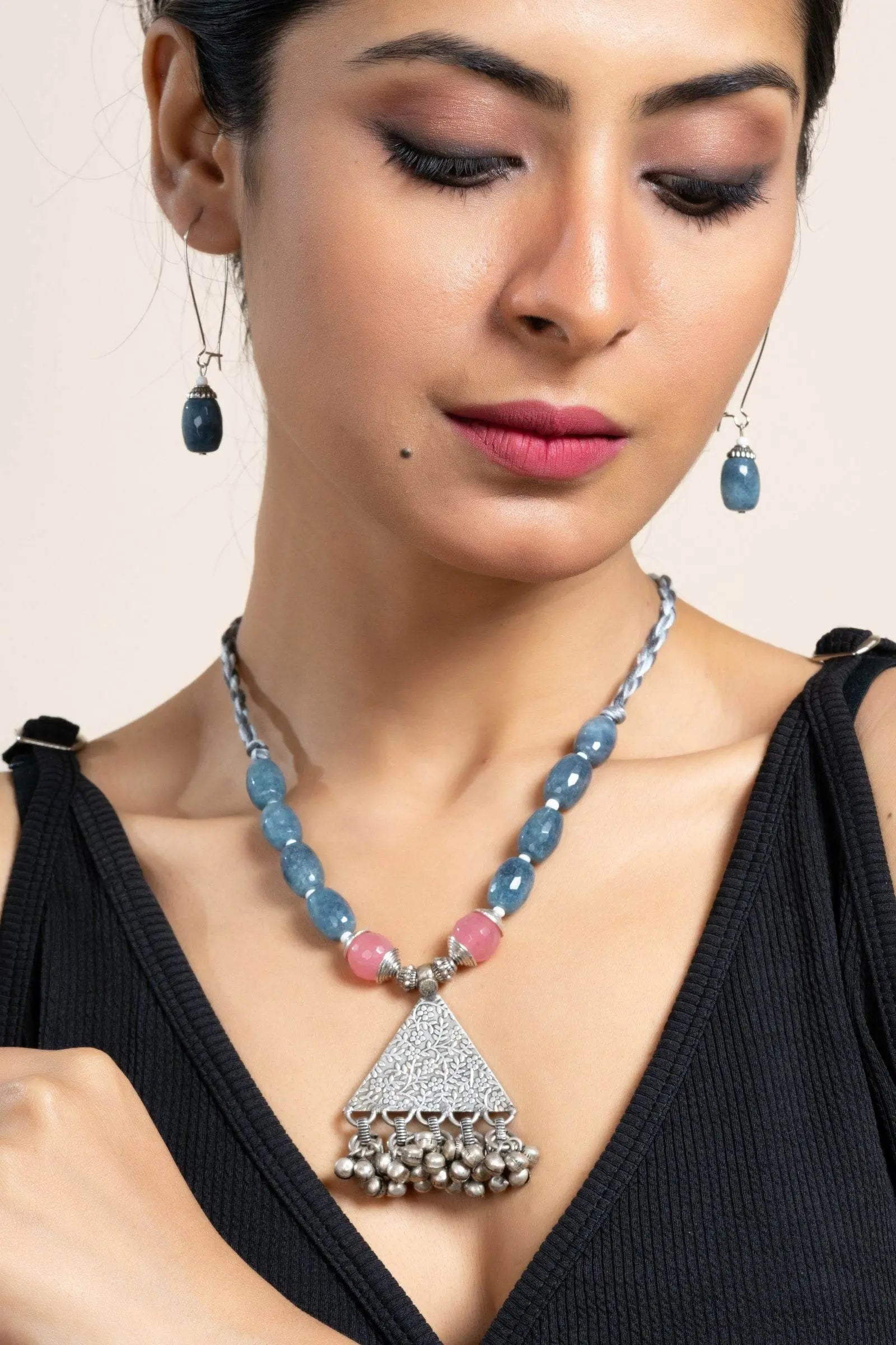 Handmade Semi Precious Pink Grey Onyx Jade with German Silver Tribal Pendant Necklace Set with Matching Earrings and Adjustable Dori - Lookandadorn.com
