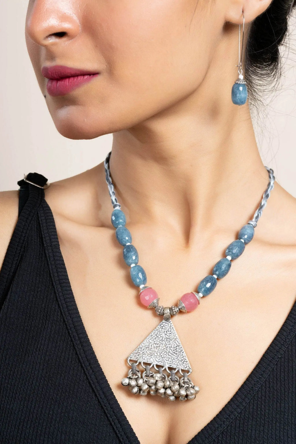 Handmade Semi Precious Pink Grey Onyx Jade with German Silver Tribal Pendant Necklace Set with Matching Earrings and Adjustable Dori - Lookandadorn.com