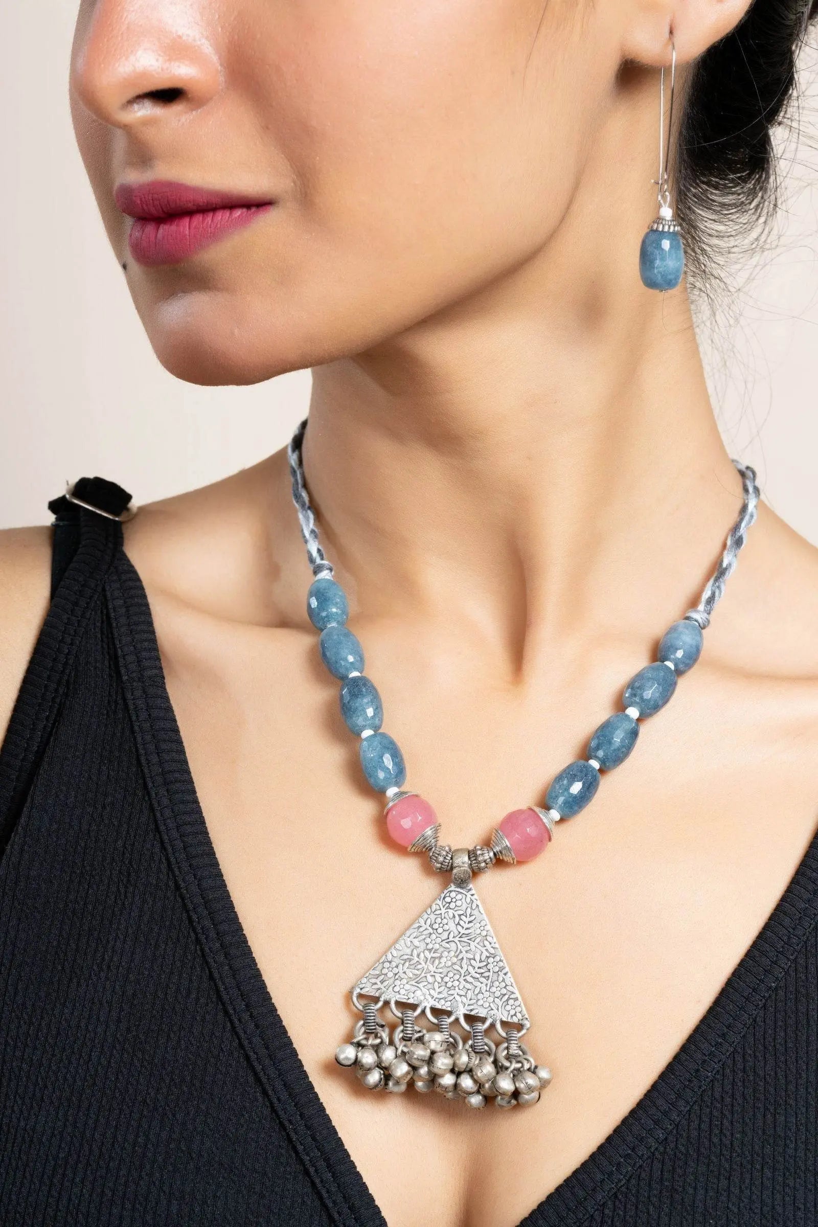 Handmade Semi Precious Pink Grey Onyx Jade with German Silver Tribal Pendant Necklace Set with Matching Earrings and Adjustable Dori - Lookandadorn.com