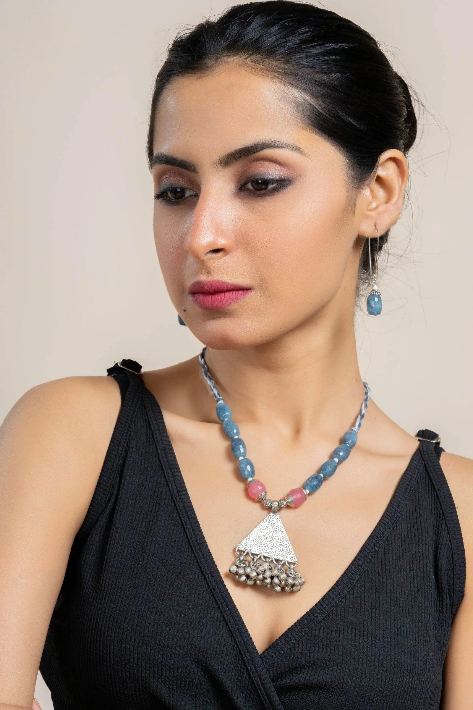 Handmade Semi Precious Pink Grey Onyx Jade with German Silver Tribal Pendant Necklace Set with Matching Earrings and Adjustable Dori - Lookandadorn.com