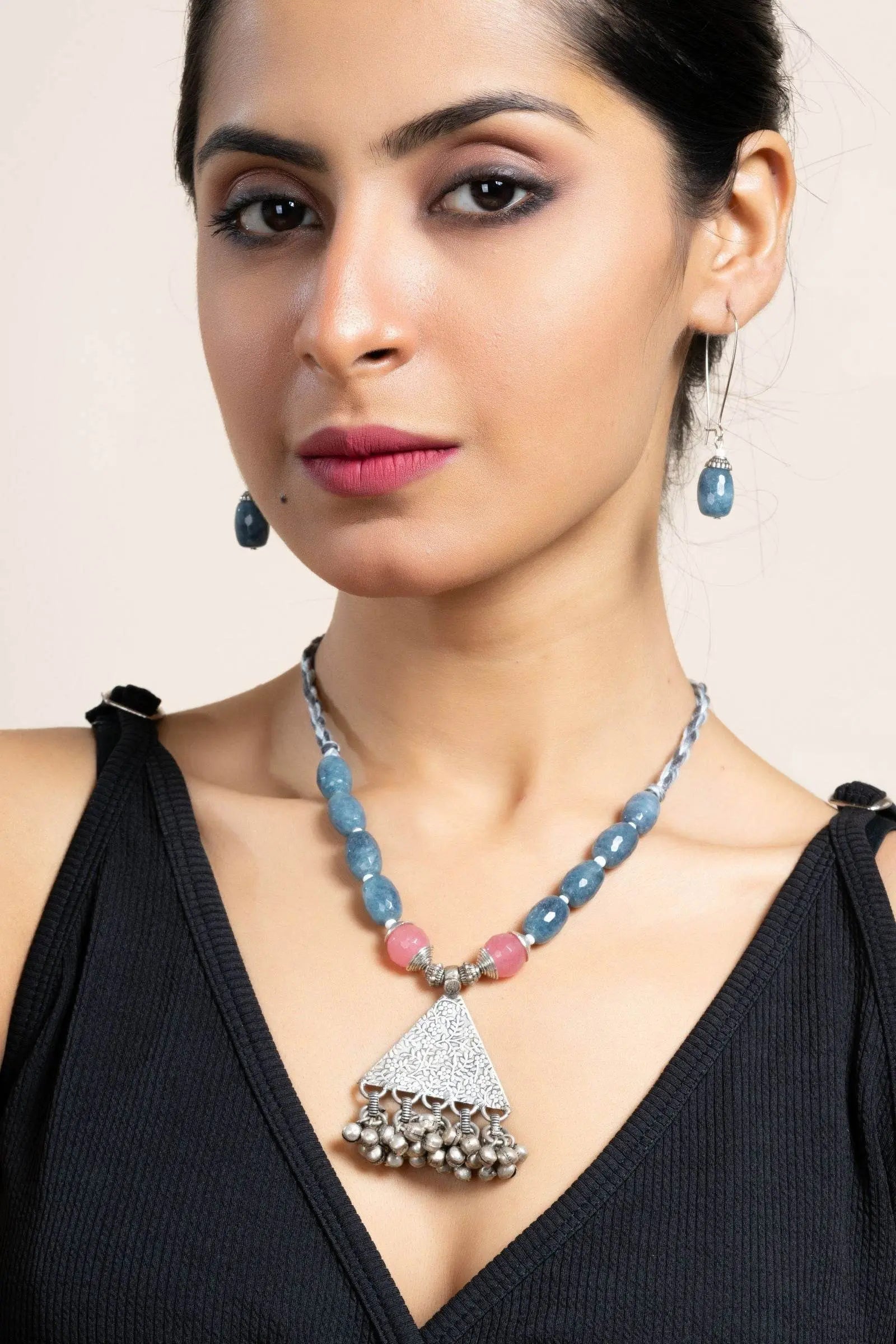 Handmade Semi Precious Pink Grey Onyx Jade with German Silver Tribal Pendant Necklace Set with Matching Earrings and Adjustable Dori - Lookandadorn.com