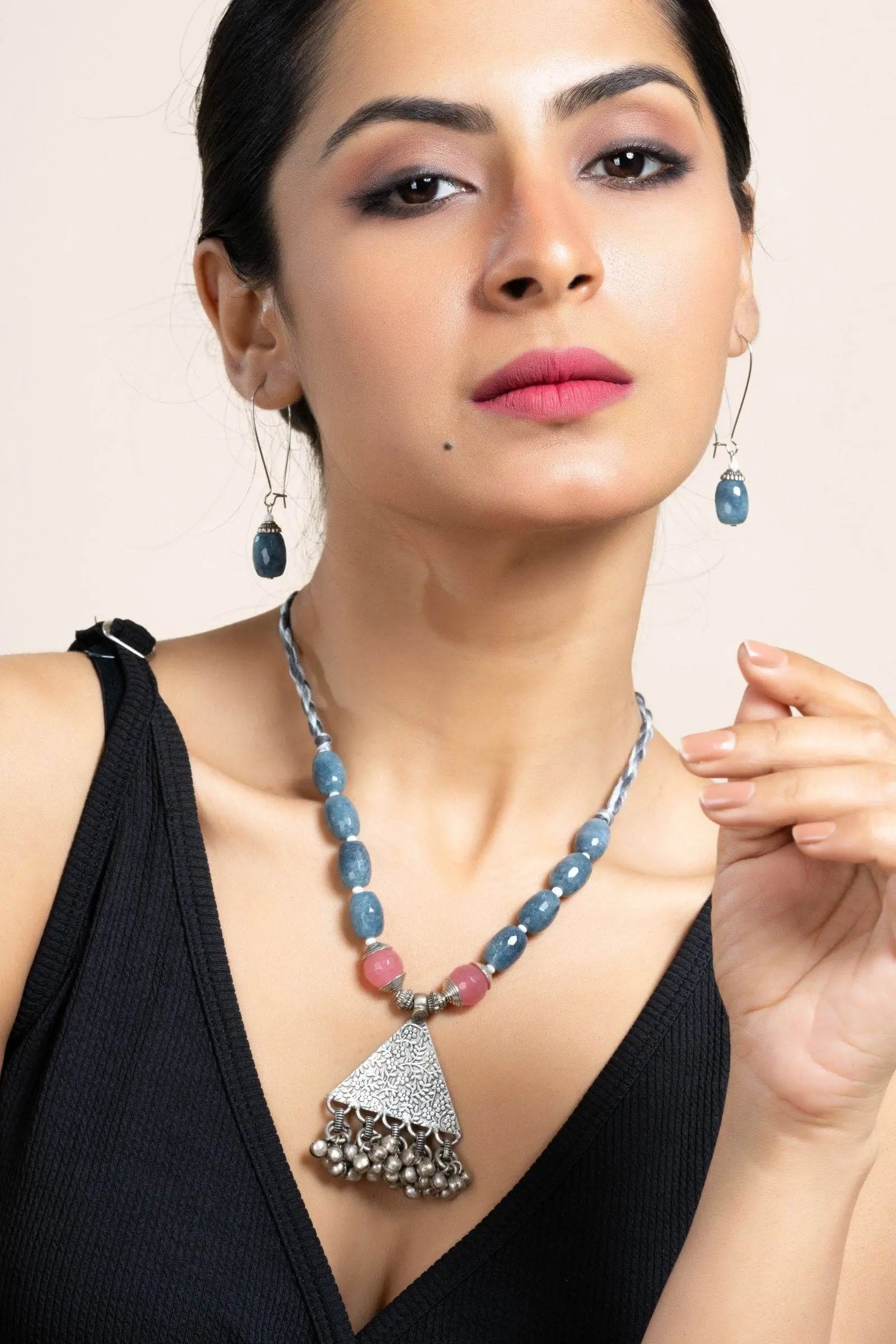 Handmade Semi Precious Pink Grey Onyx Jade with German Silver Tribal Pendant Necklace Set with Matching Earrings and Adjustable Dori - Lookandadorn.com