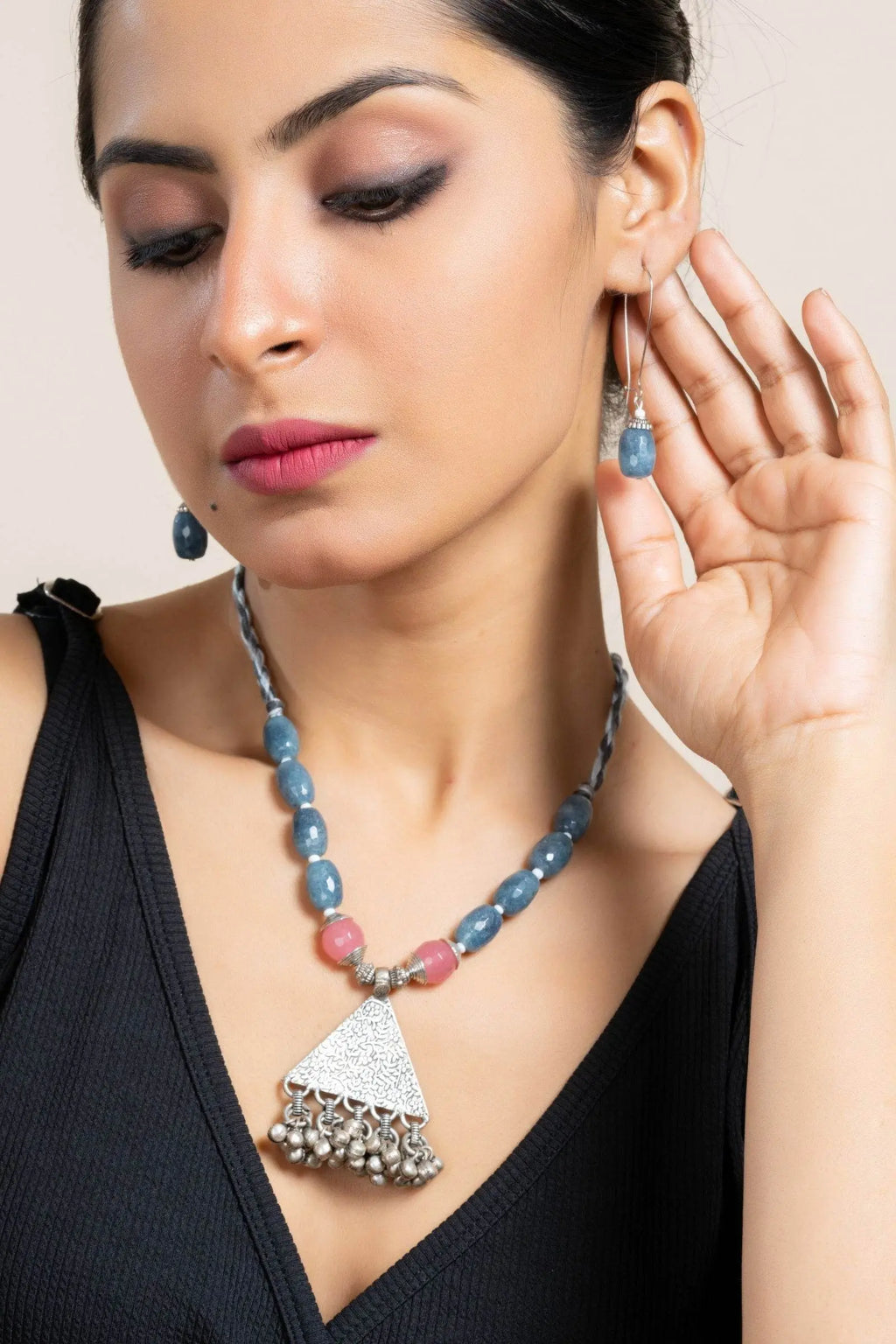 Handmade Semi Precious Pink Grey Onyx Jade with German Silver Tribal Pendant Necklace Set with Matching Earrings and Adjustable Dori - Lookandadorn.com