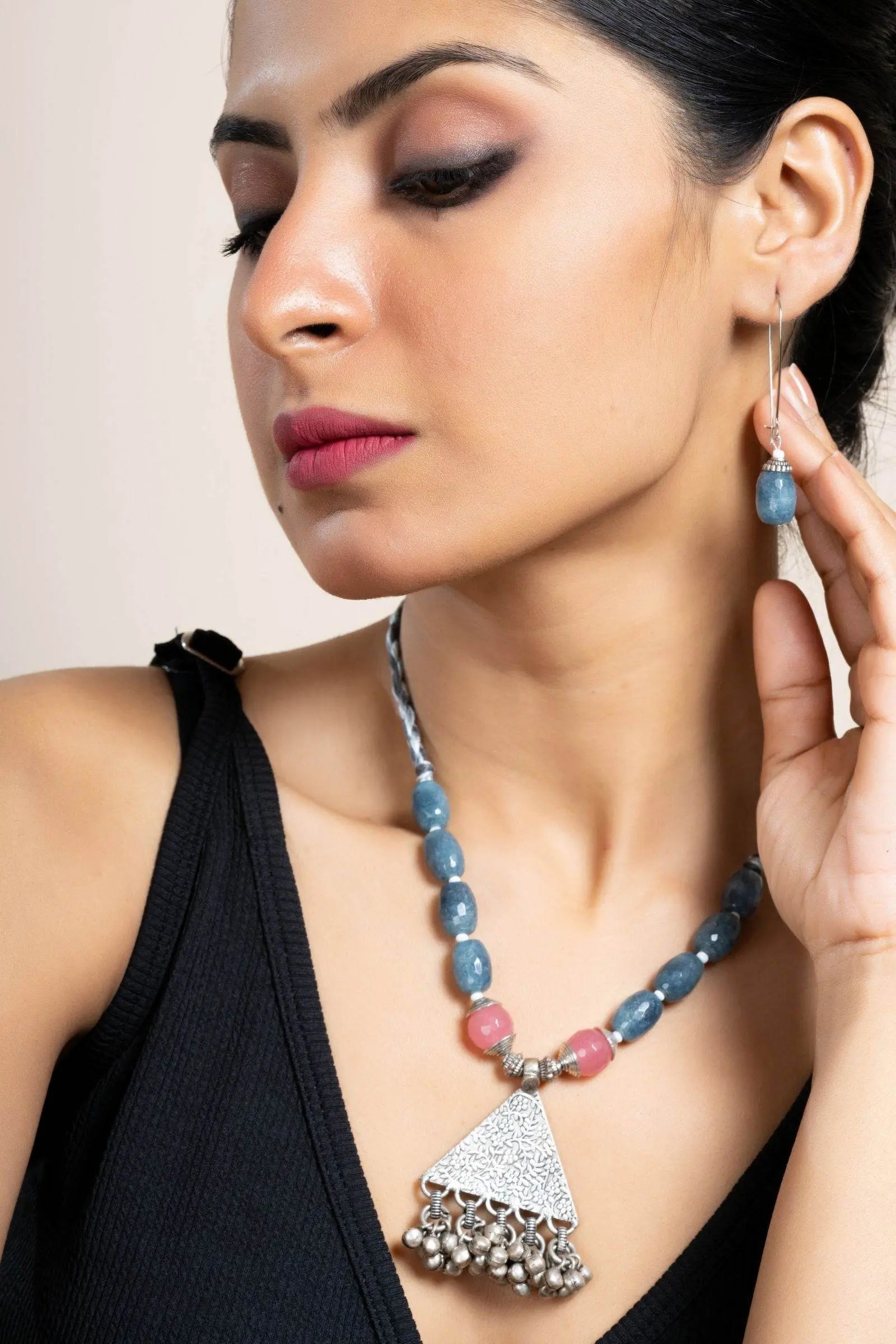 Handmade Semi Precious Pink Grey Onyx Jade with German Silver Tribal Pendant Necklace Set with Matching Earrings and Adjustable Dori - Lookandadorn.com