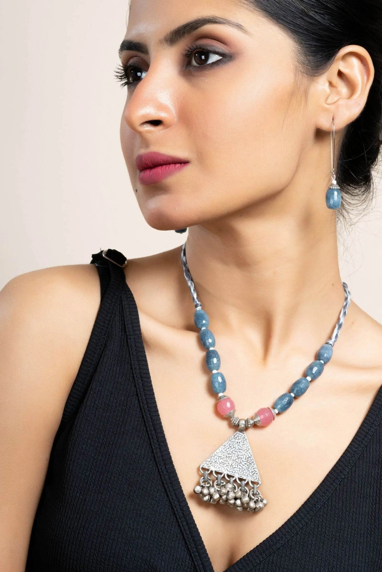 Handmade Semi Precious Pink Grey Onyx Jade with German Silver Tribal Pendant Necklace Set with Matching Earrings and Adjustable Dori - Lookandadorn.com