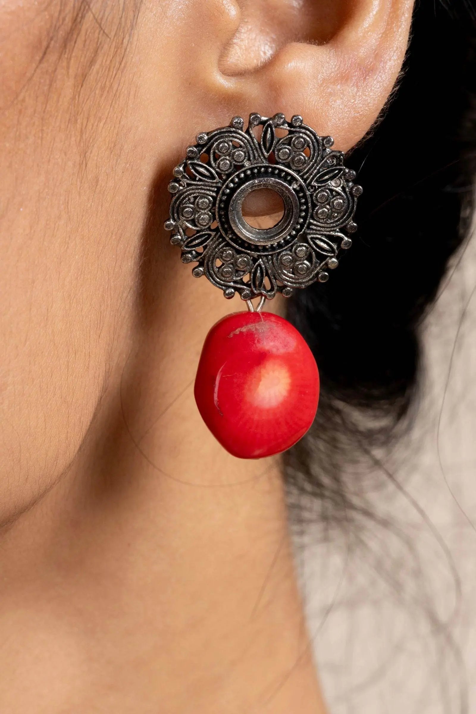 Handmade Red Coral with German Silver Floral Stud Earrings for All Occassions - Lookandadorn.com
