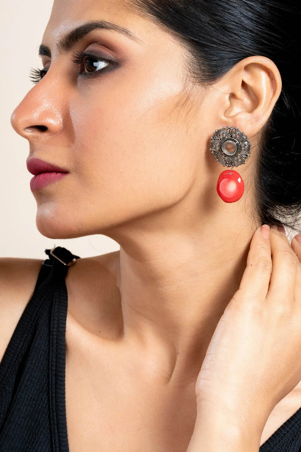 Handmade Red Coral with German Silver Floral Stud Earrings for All Occassions - Lookandadorn.com