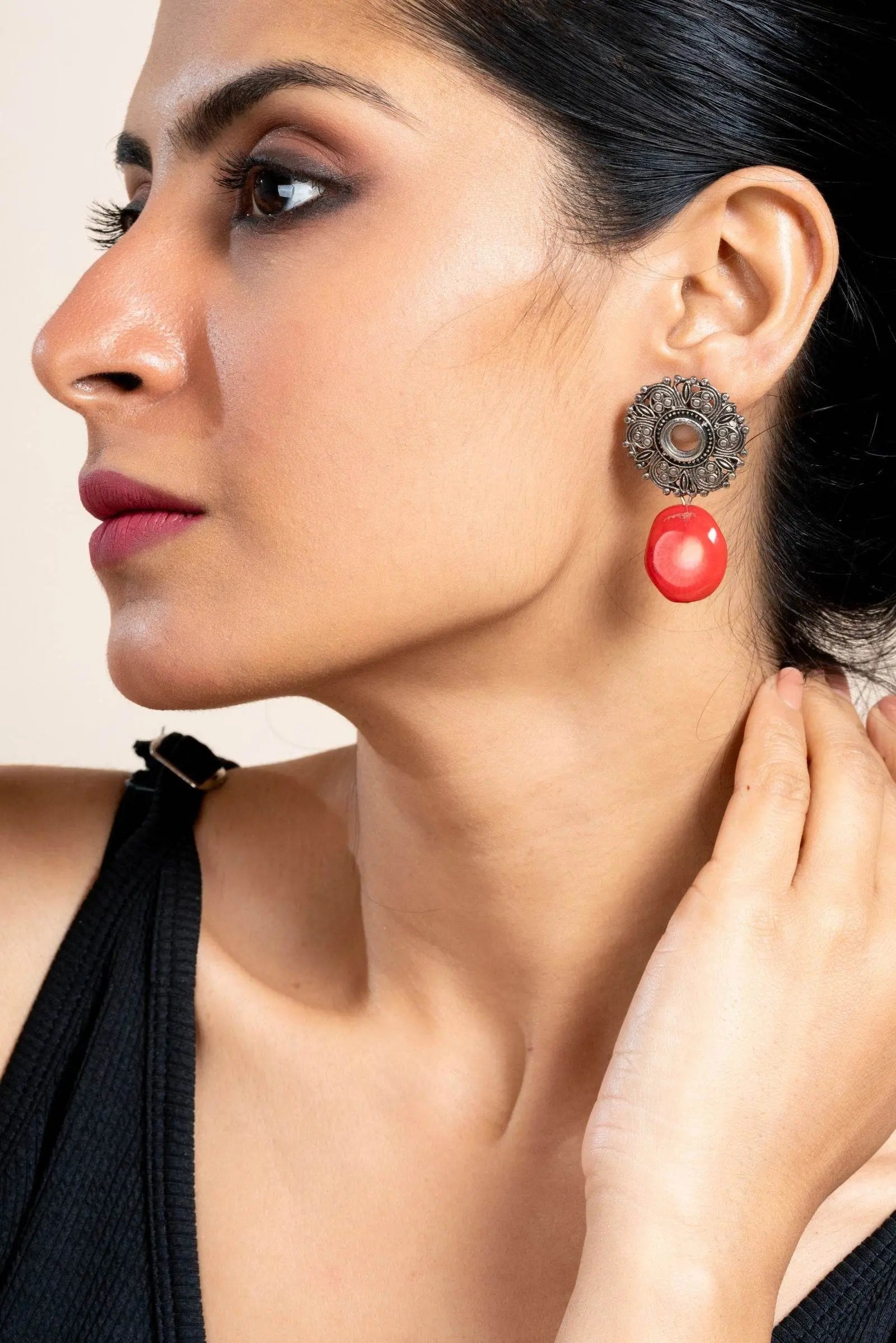 Handmade Red Coral with German Silver Floral Stud Earrings for All Occassions - Lookandadorn.com