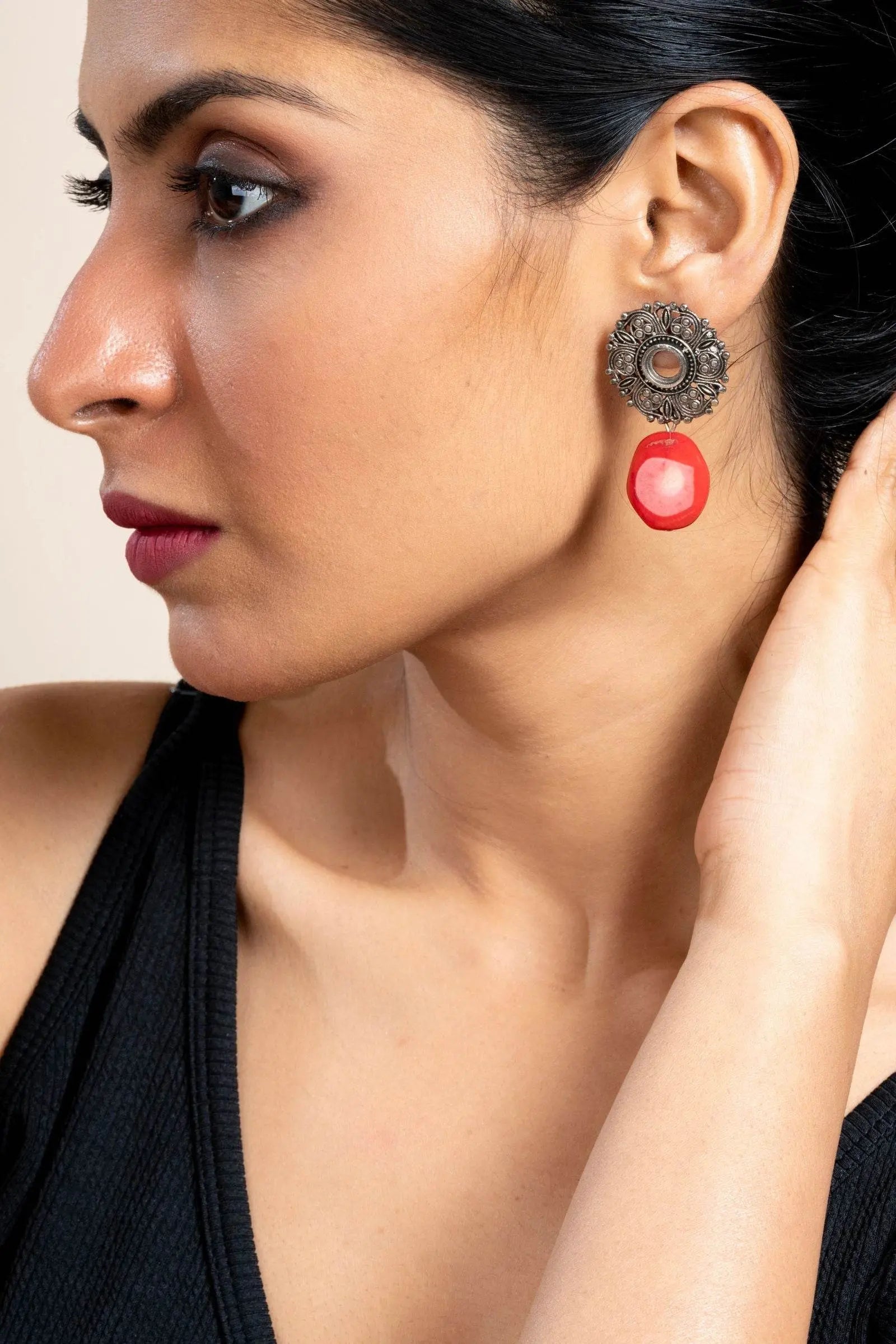 Handmade Red Coral with German Silver Floral Stud Earrings for All Occassions - Lookandadorn.com