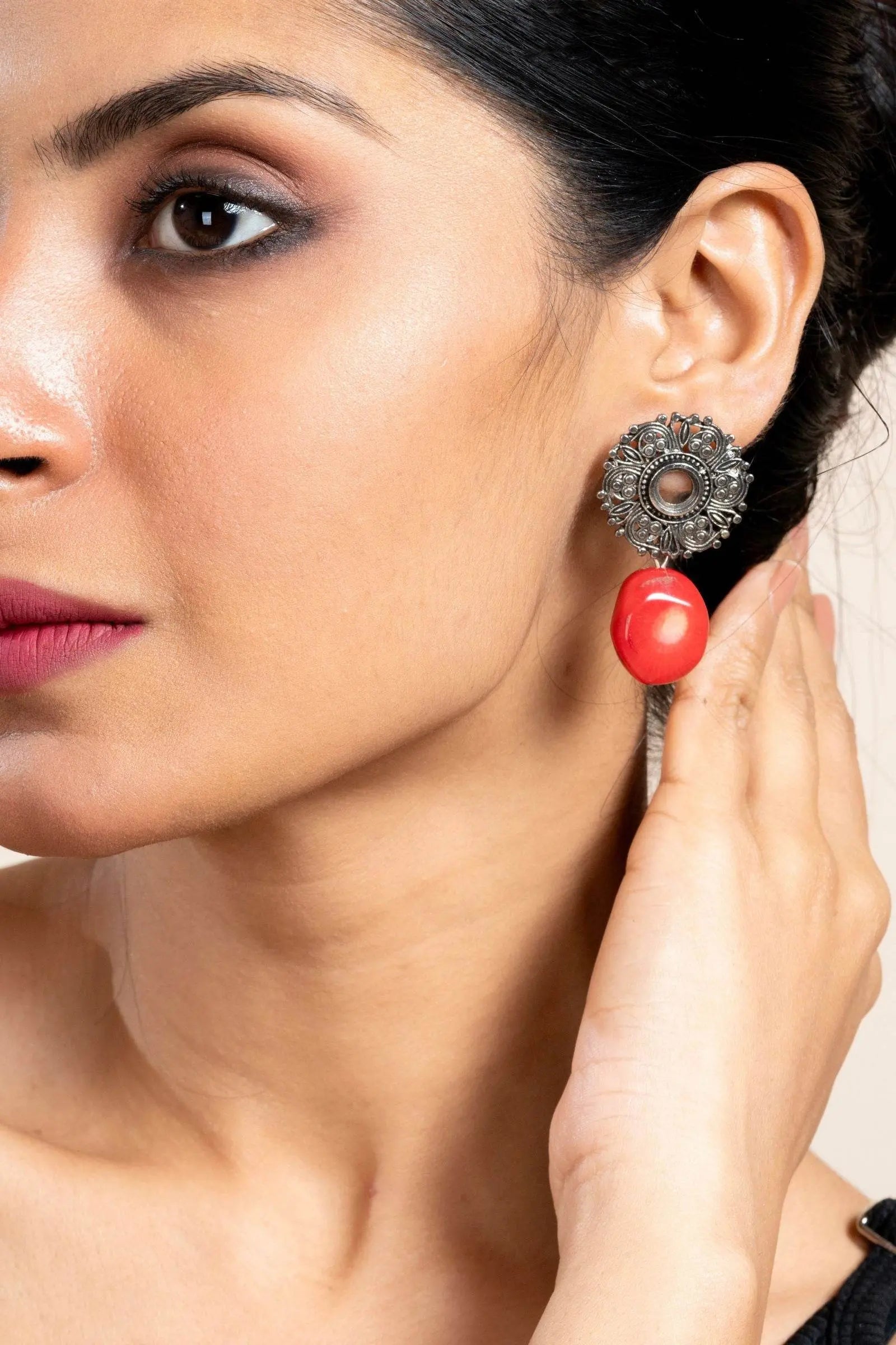 Handmade Red Coral with German Silver Floral Stud Earrings for All Occassions - Lookandadorn.com