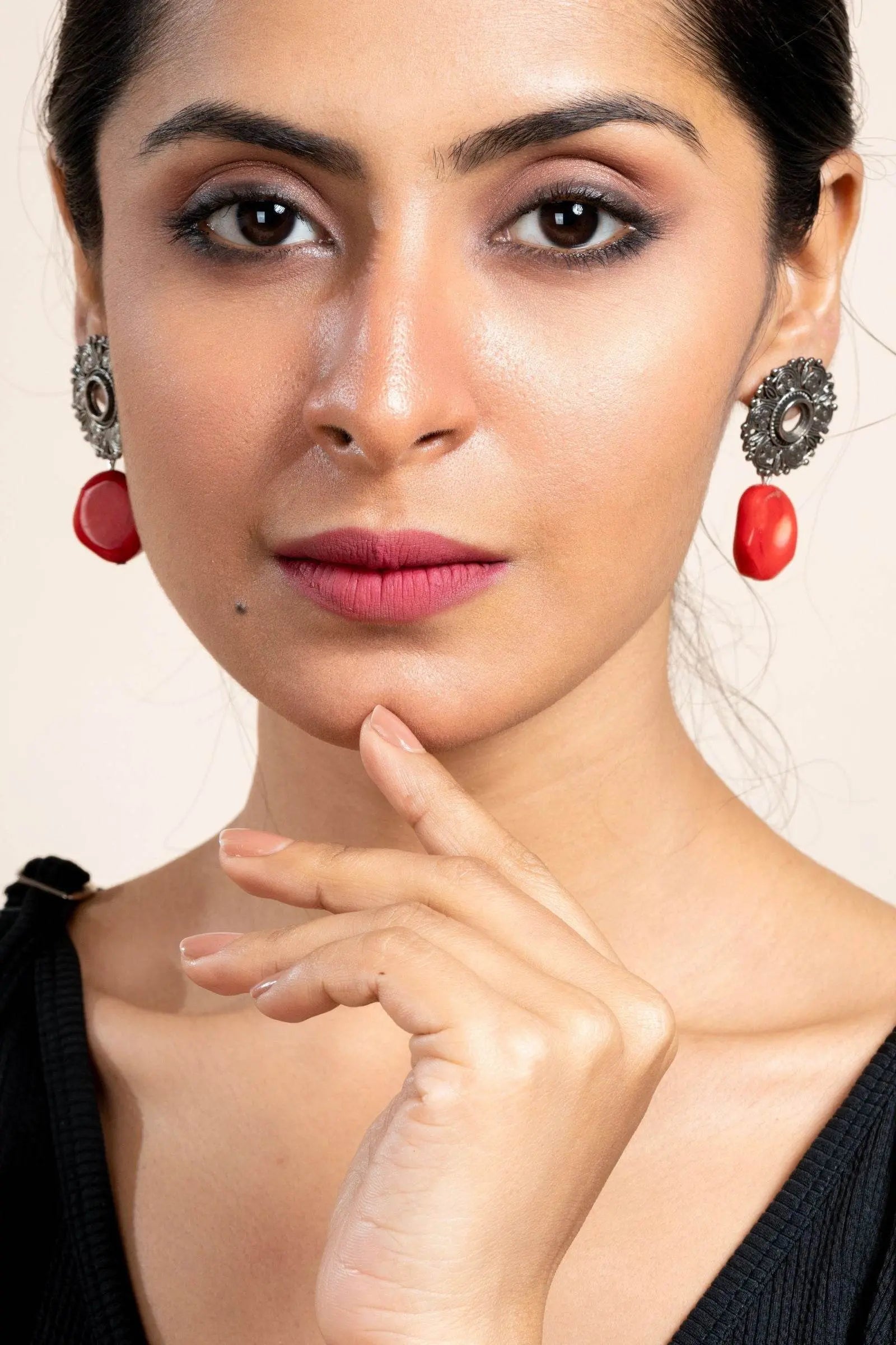 Handmade Red Coral with German Silver Floral Stud Earrings for All Occassions - Lookandadorn.com