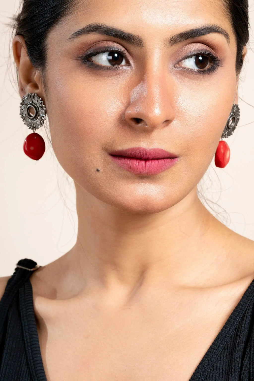 Handmade Red Coral with German Silver Floral Stud Earrings for All Occassions - Lookandadorn.com