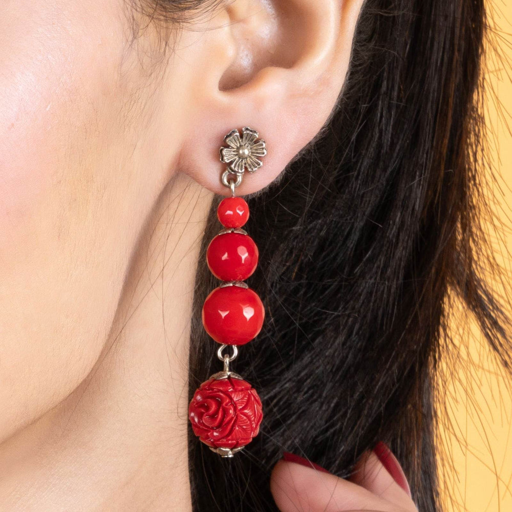 Handmade Red Onyx Cinnabar Floral Stud Dangler Earrings - Unique Semi-Precious Stone Jewelry - Lookandadorn.com