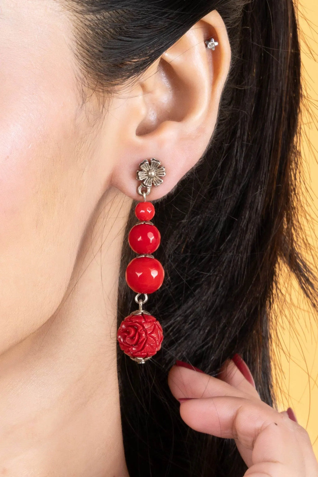 Handmade Red Onyx Cinnabar Floral Stud Dangler Earrings