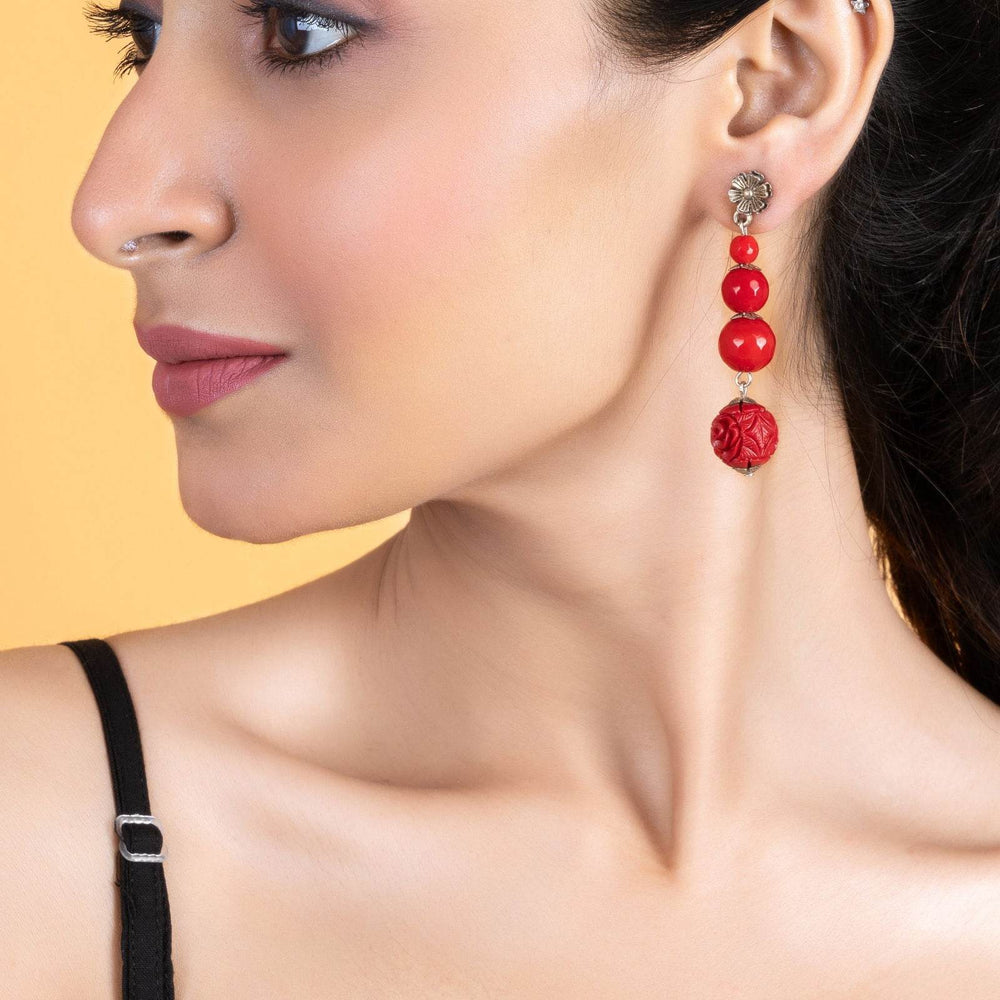 Handmade Red Onyx Cinnabar Floral Stud Dangler Earrings - Unique Semi-Precious Stone Jewelry - Lookandadorn.com
