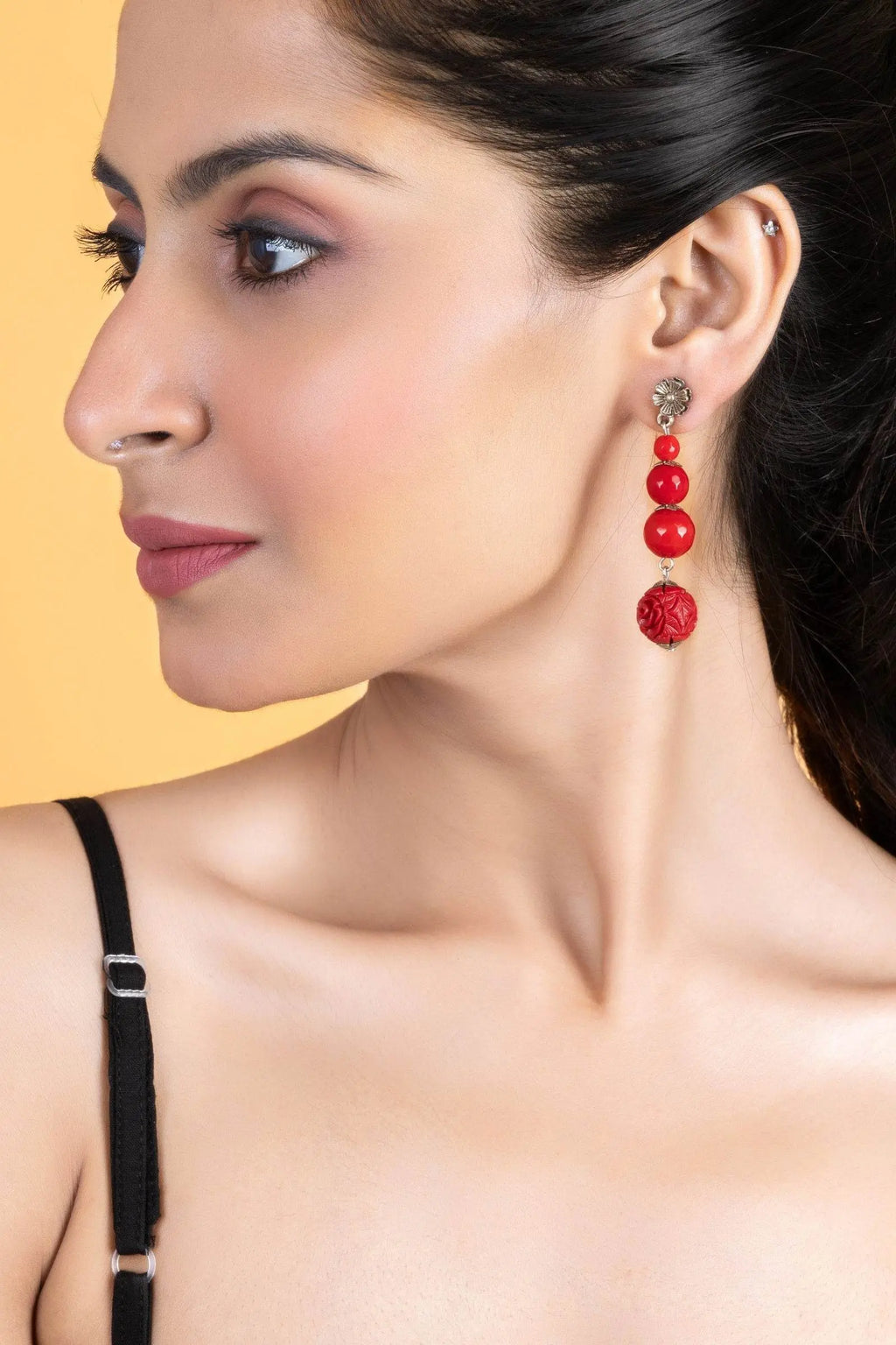 Handmade Red Onyx Cinnabar Floral Stud Dangler Earrings - Unique Semi-Precious Stone Jewelry - Lookandadorn.com
