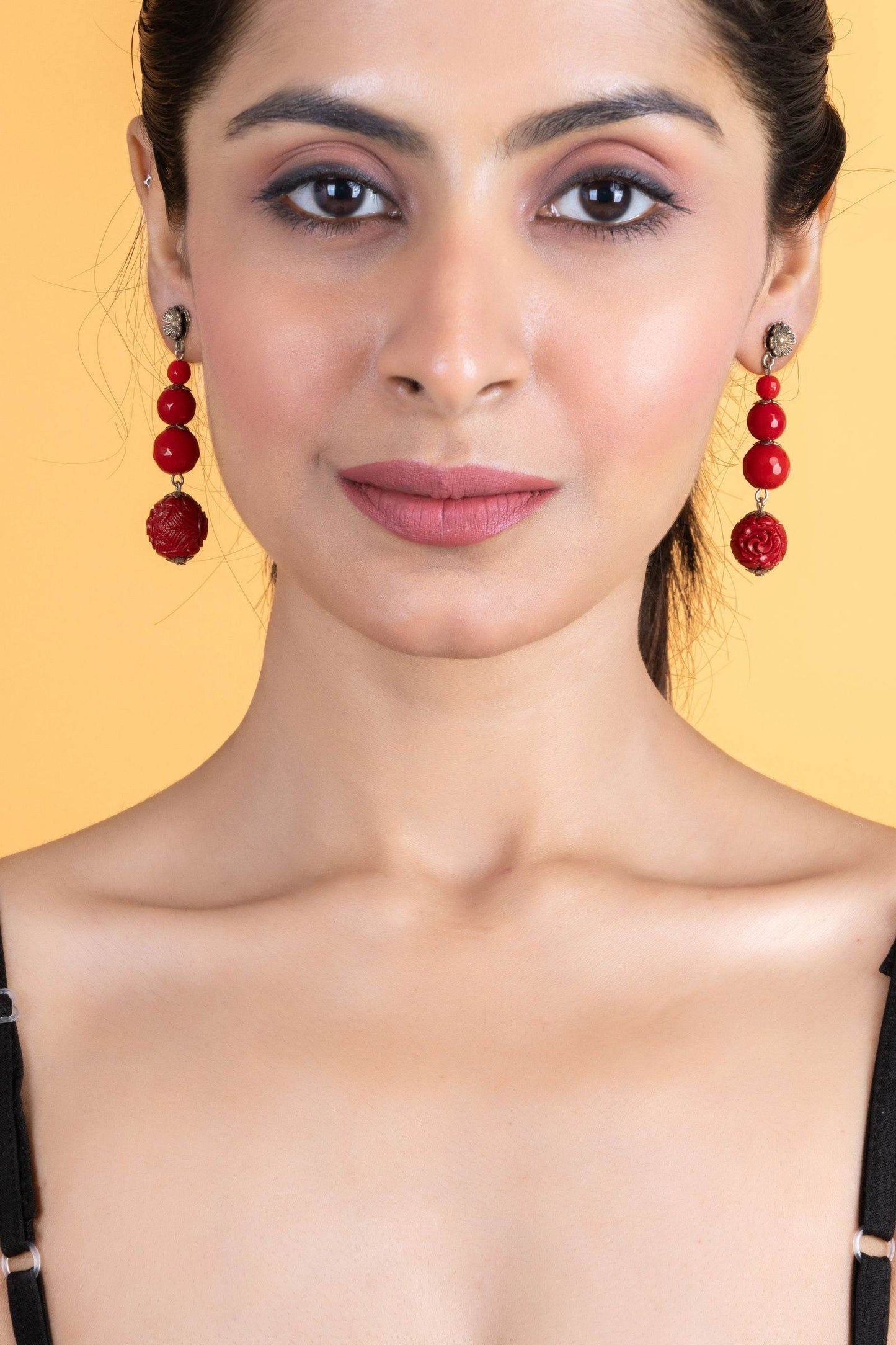 Handmade Red Onyx Cinnabar Floral Stud Dangler Earrings - Unique Semi-Precious Stone Jewelry - Lookandadorn.com