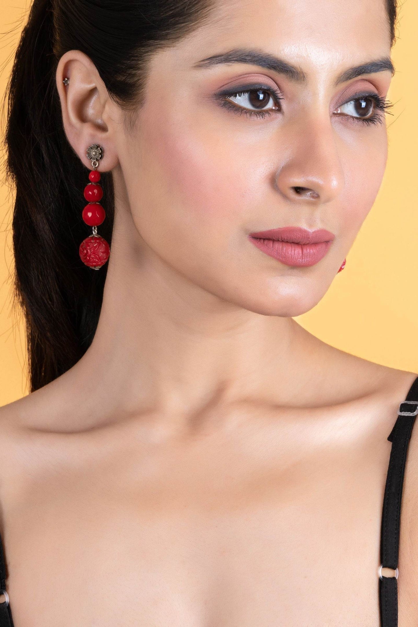 Handmade Red Onyx Cinnabar Floral Stud Dangler Earrings - Unique Semi-Precious Stone Jewelry - Lookandadorn.com