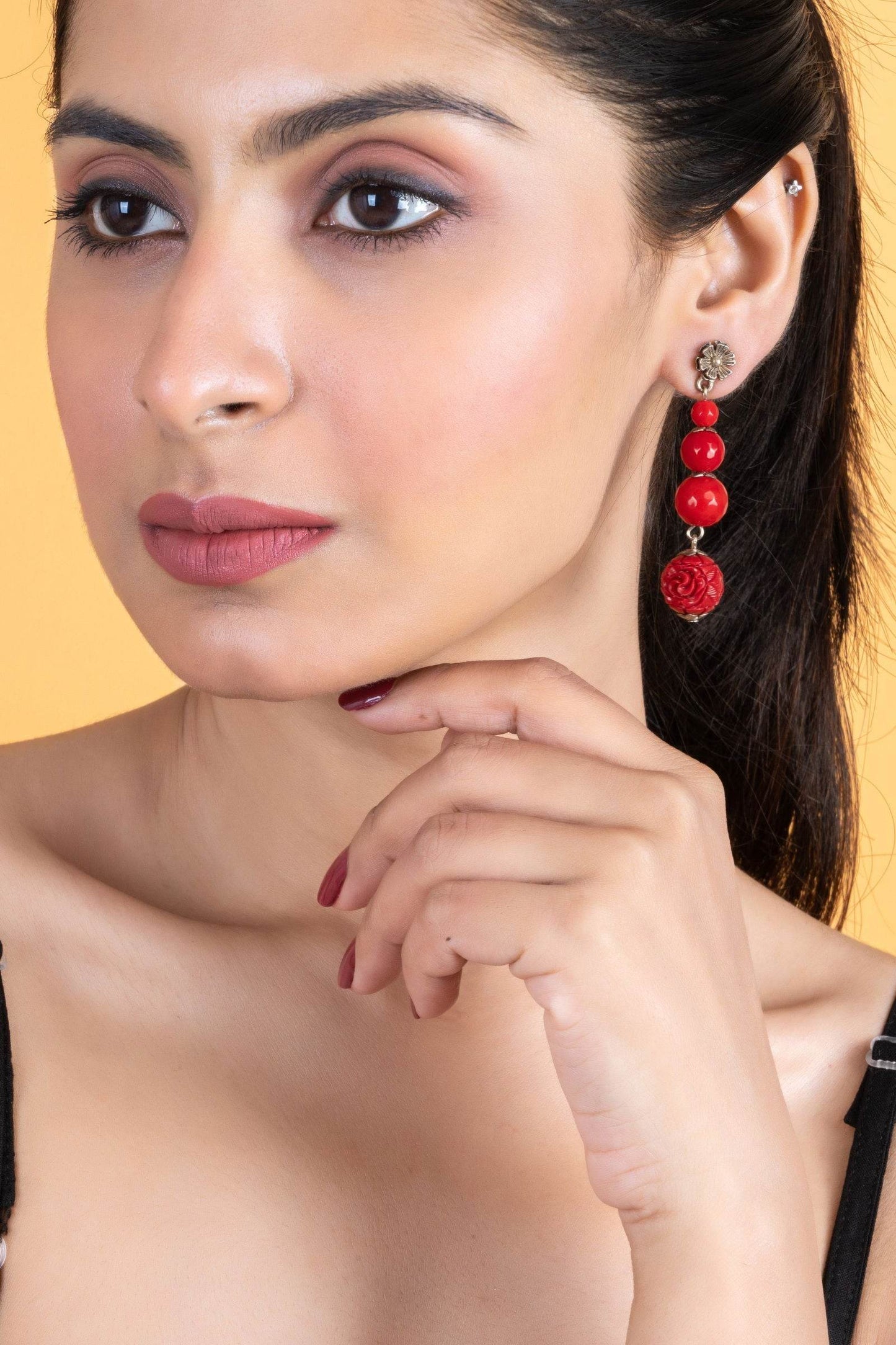 Handmade Red Onyx Cinnabar Floral Stud Dangler Earrings - Unique Semi-Precious Stone Jewelry - Lookandadorn.com