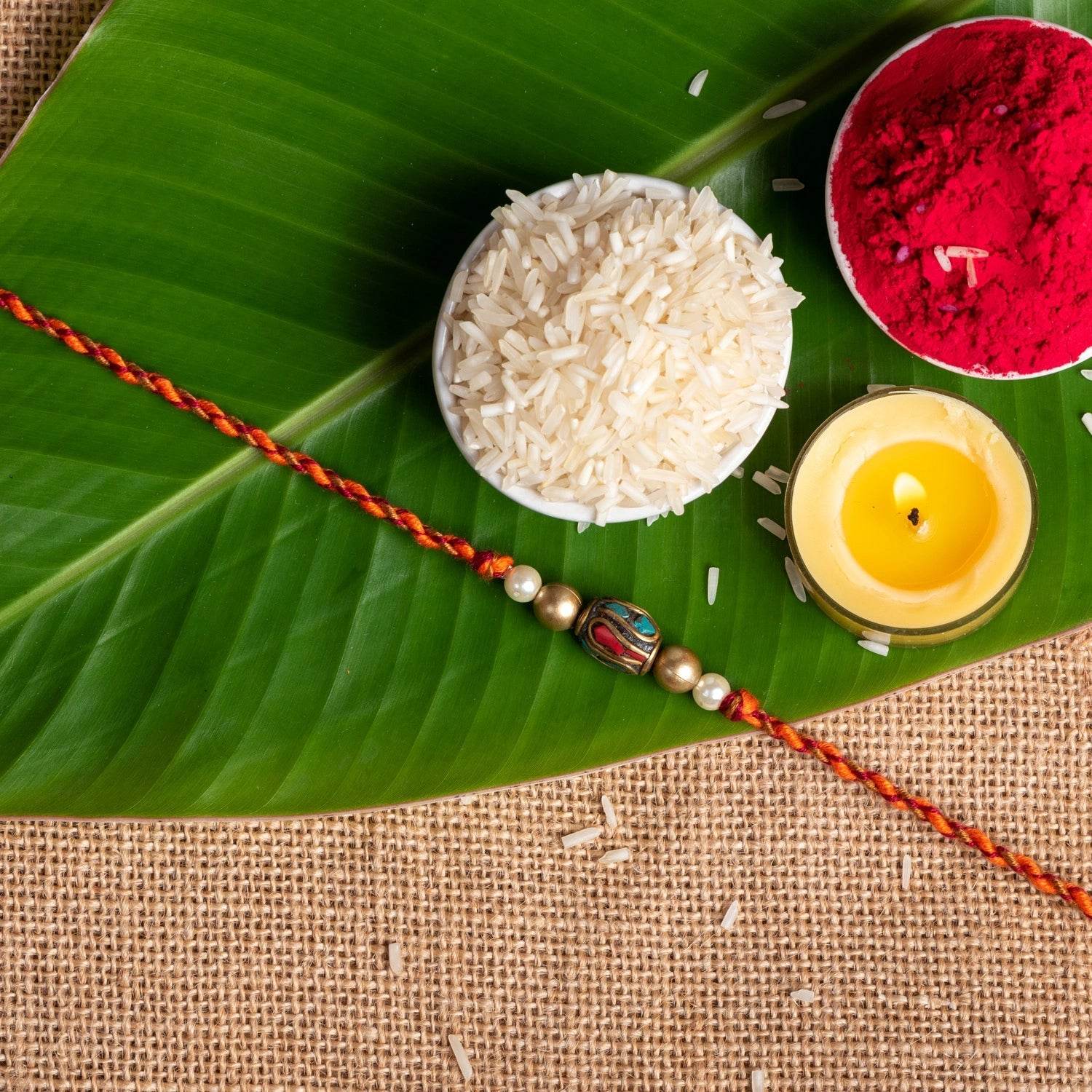 Handmade Designer Red Turquoise Tibetan with Golden Beads Rakhi & Roli Chawal for Raksha Bandhan - Lookandadorn.com