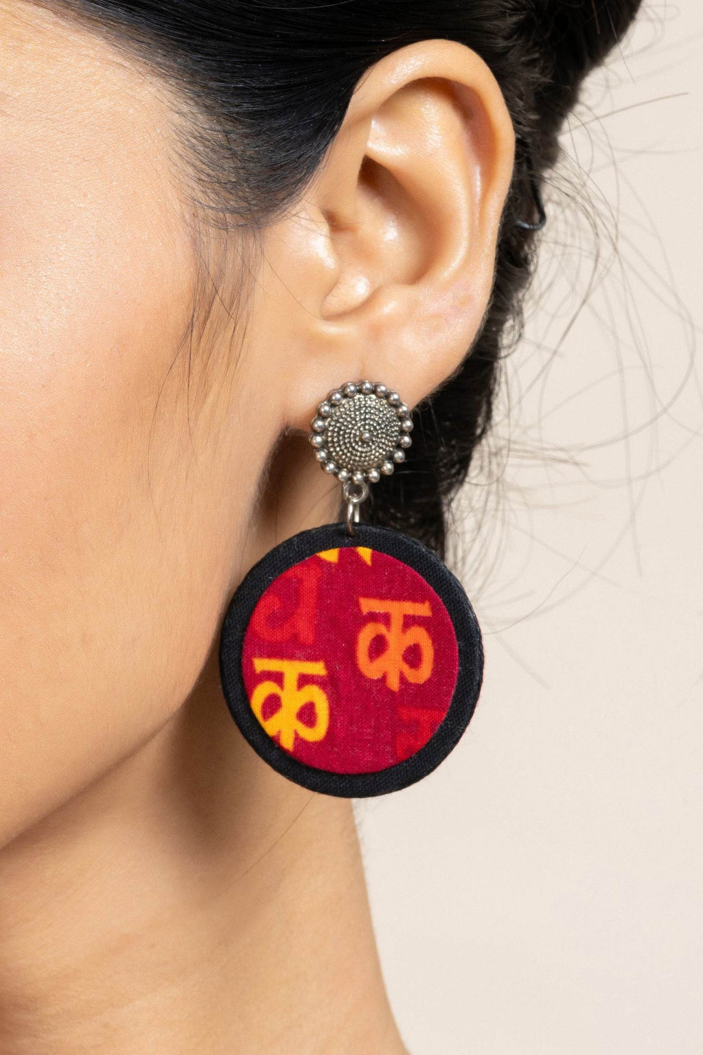 Handmade Red Yellow Black Scripted Fabric with Oxidized Floral Stud Earrings, Unique Artisanal Jewelry - Lookandadorn.com