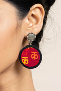 Handmade Red Yellow Black Scripted Fabric with Oxidized Floral Stud Earrings, Unique Artisanal Jewelry - Lookandadorn.com