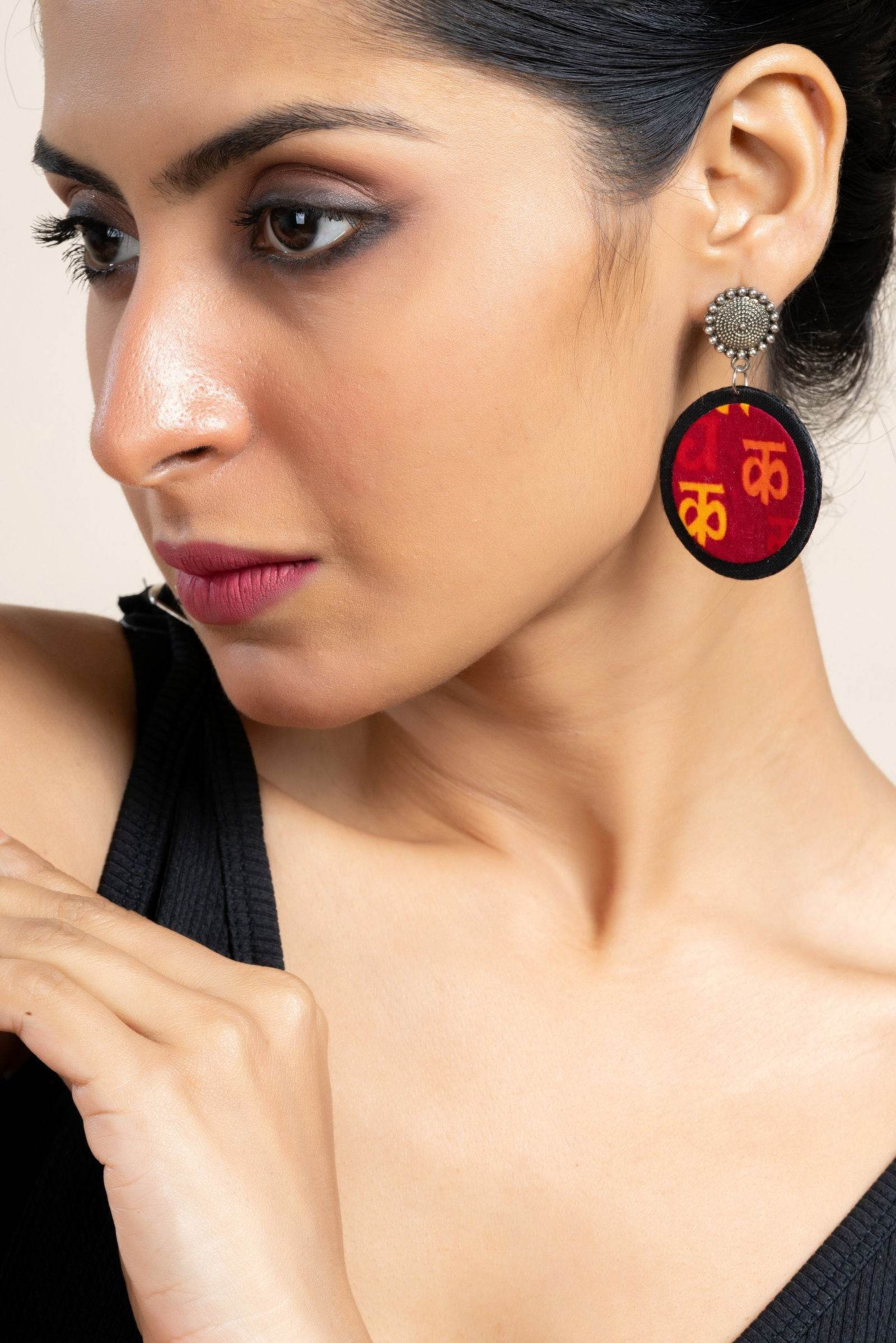 Handmade Red Yellow Black Scripted Fabric with Oxidized Floral Stud Earrings, Unique Artisanal Jewelry - Lookandadorn.com