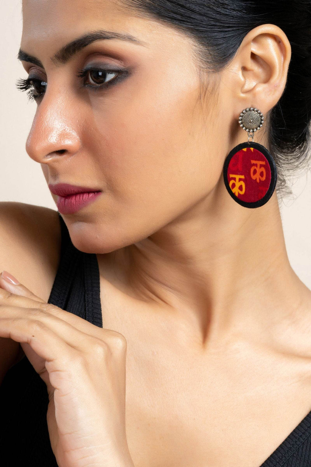 Handmade Red Yellow Black Scripted Fabric with Oxidized Floral Stud Earrings, Unique Artisanal Jewelry - Lookandadorn.com