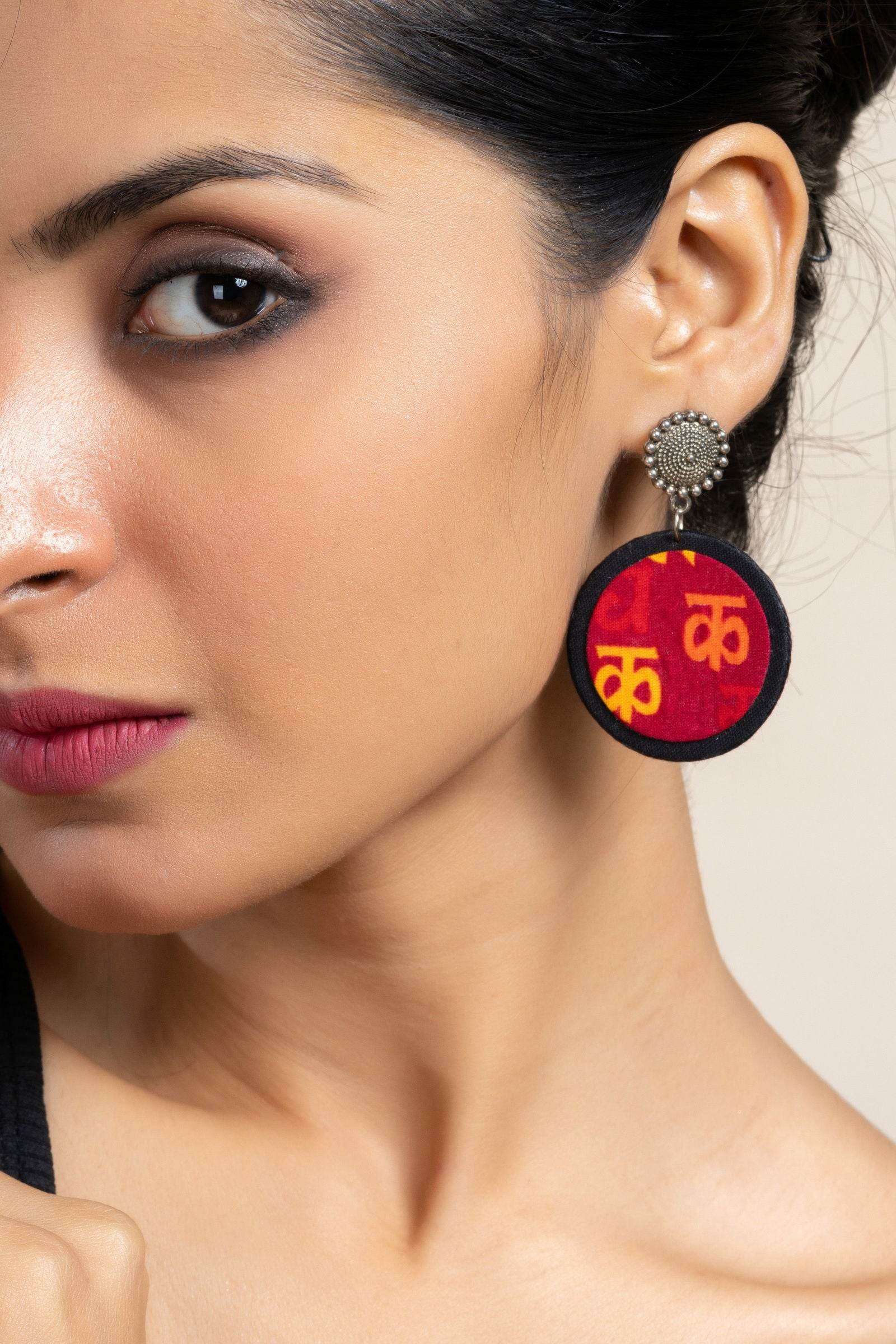 Handmade Red Yellow Black Scripted Fabric with Oxidized Floral Stud Earrings, Unique Artisanal Jewelry - Lookandadorn.com