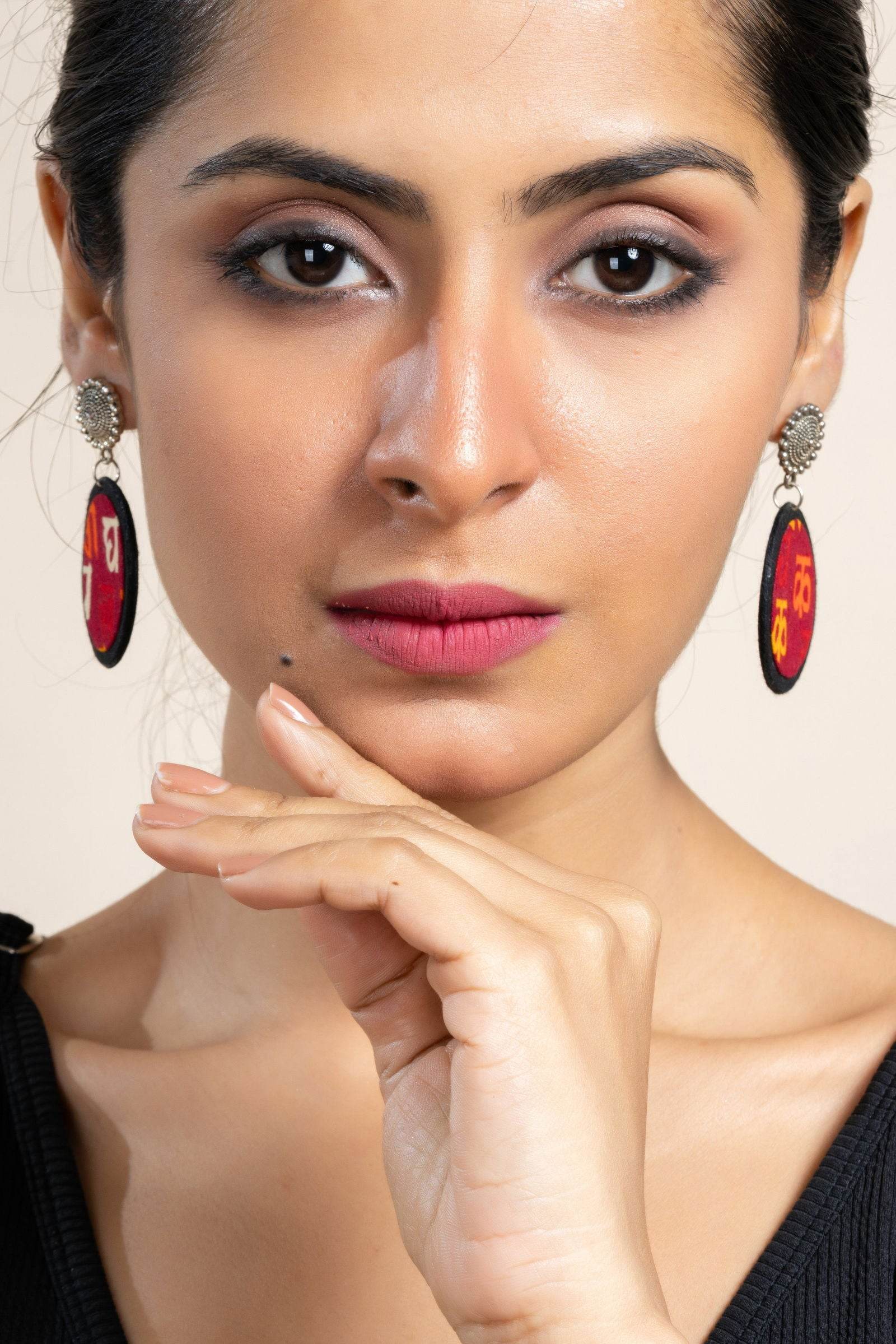 Handmade Red Yellow Black Scripted Fabric with Oxidized Floral Stud Earrings, Unique Artisanal Jewelry - Lookandadorn.com