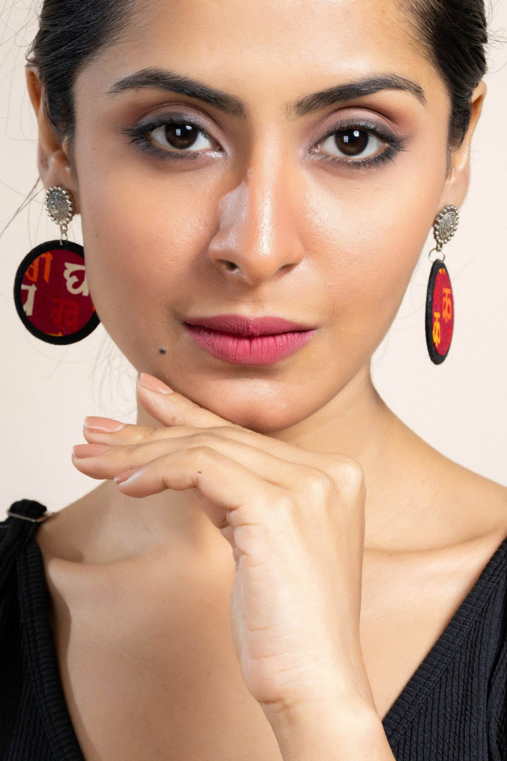 Handmade Red Yellow Black Scripted Fabric with Oxidized Floral Stud Earrings, Unique Artisanal Jewelry - Lookandadorn.com