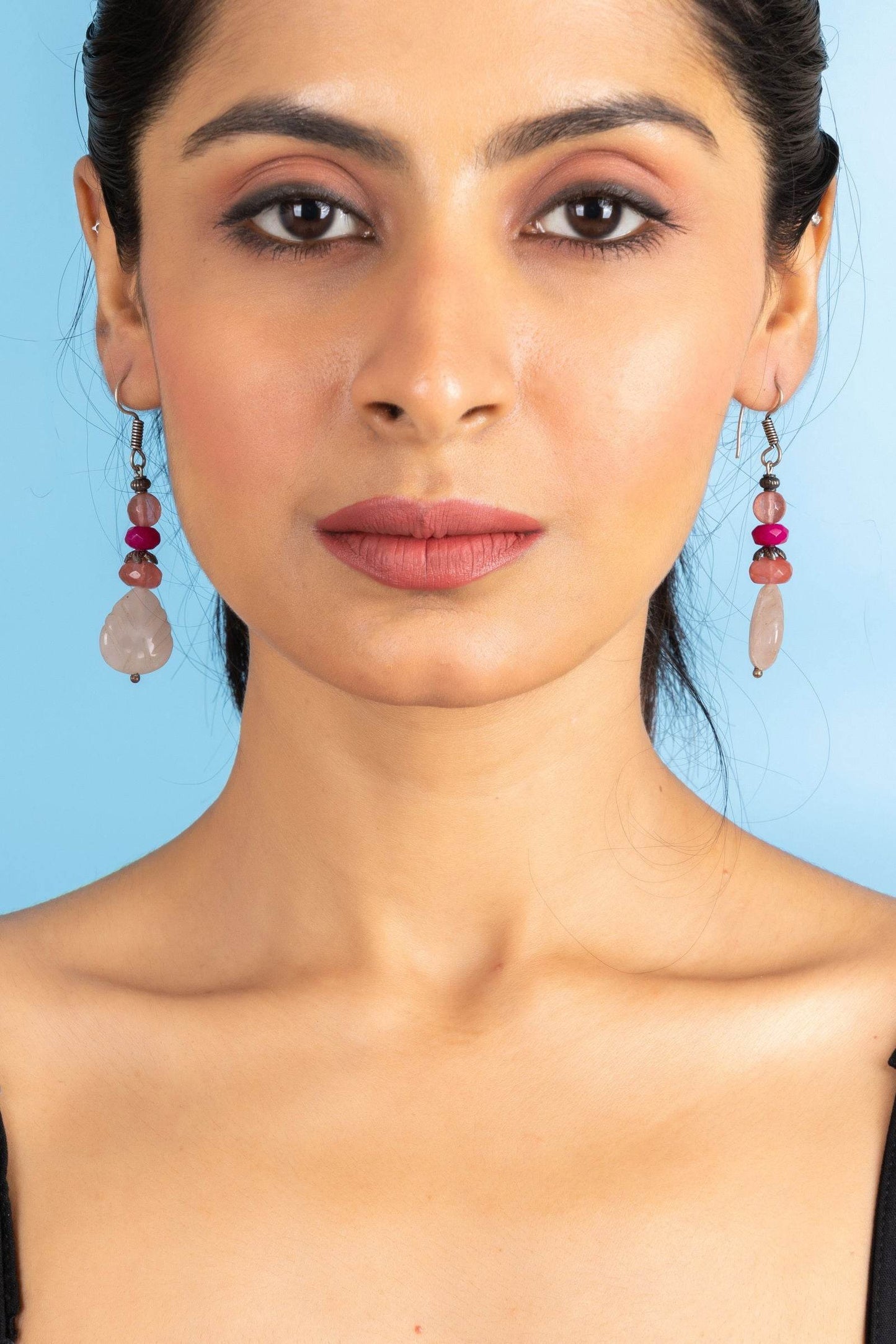 Handmade Semi-Precious Rose Quartz and Peach Pink Jade Leaf Earrings for Elegant Style - Lookandadorn.com