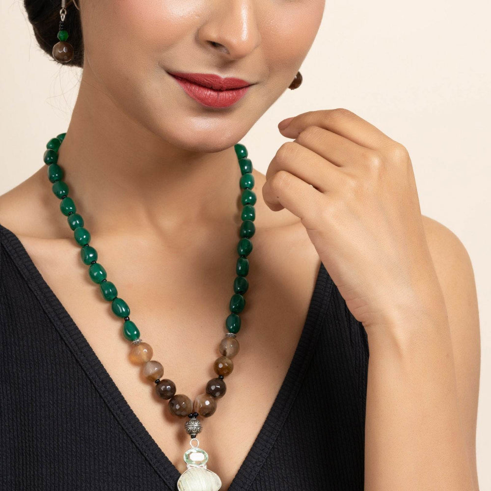 Handcrafted Semi Precious Brown Green Agate Onyx Stone Necklace with Matching Earrings Jewelry Set - Lookandadorn.com