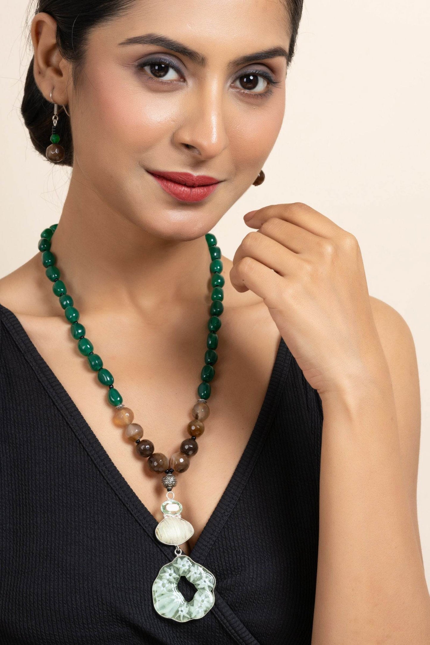 Handcrafted Semi Precious Brown Green Agate Onyx Stone Necklace with Matching Earrings Jewelry Set - Lookandadorn.com