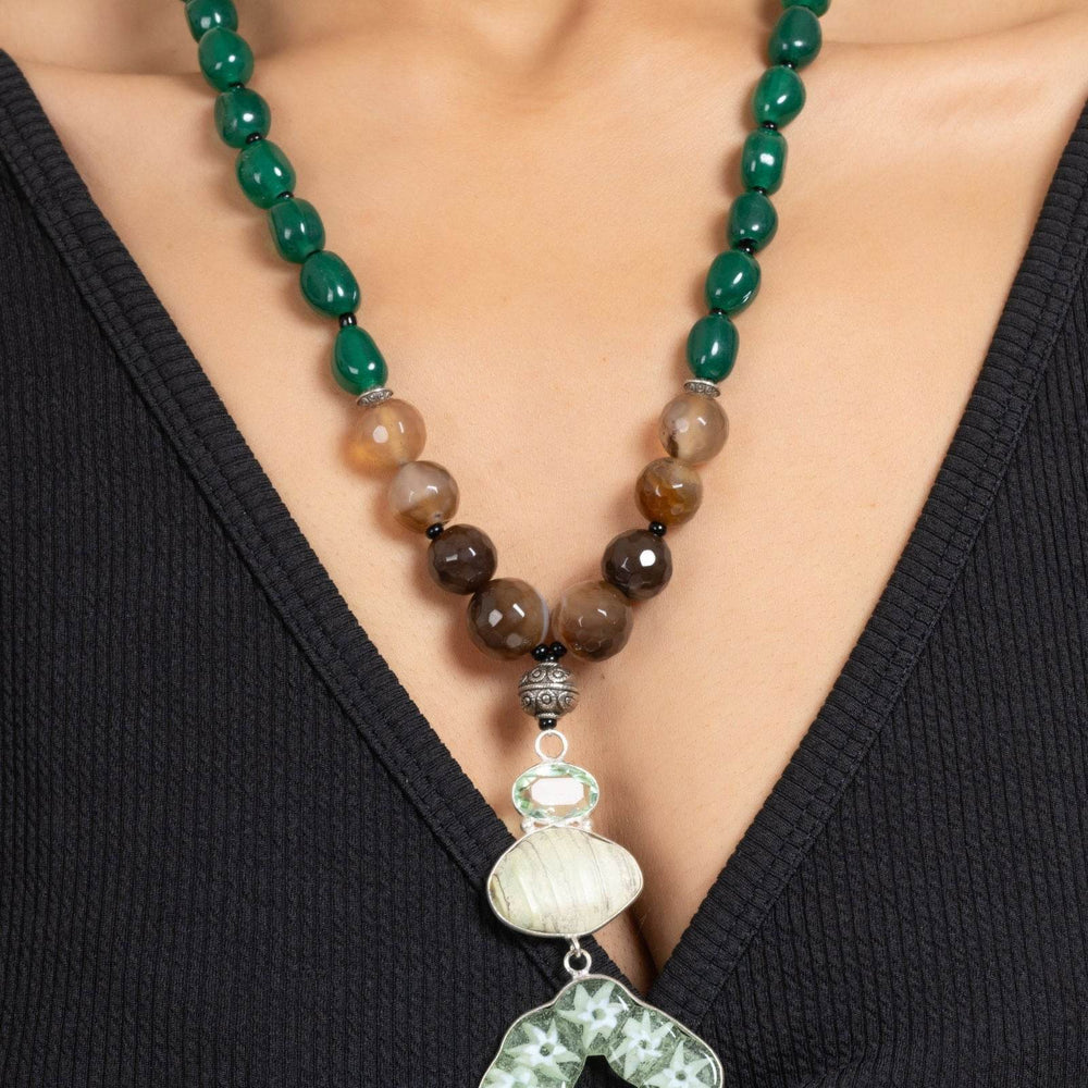 Handcrafted Semi Precious Brown Green Agate Onyx Stone Necklace with Matching Earrings Jewelry Set - Lookandadorn.com