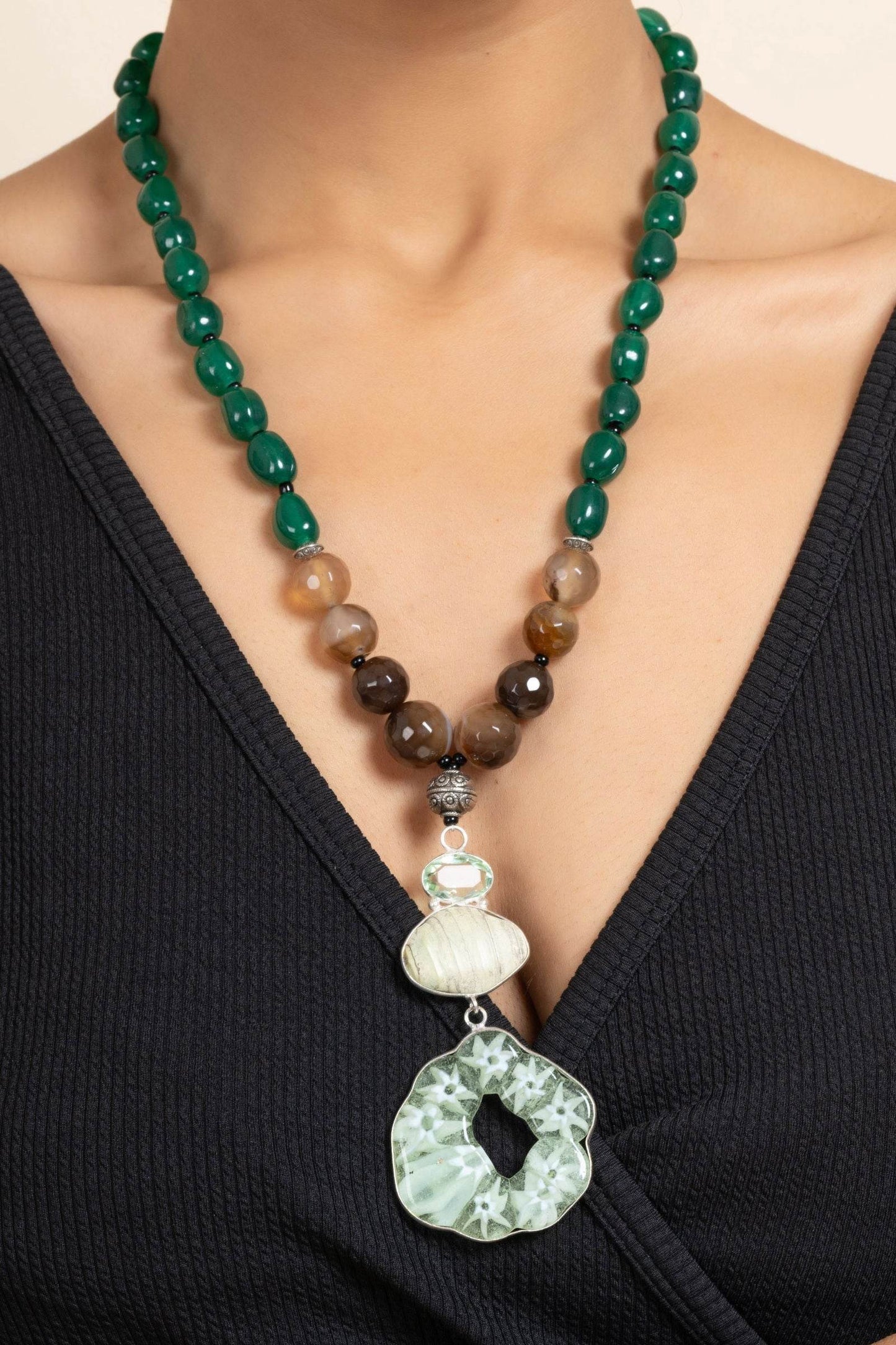 Handcrafted Semi Precious Brown Green Agate Onyx Stone Necklace with Matching Earrings Jewelry Set - Lookandadorn.com