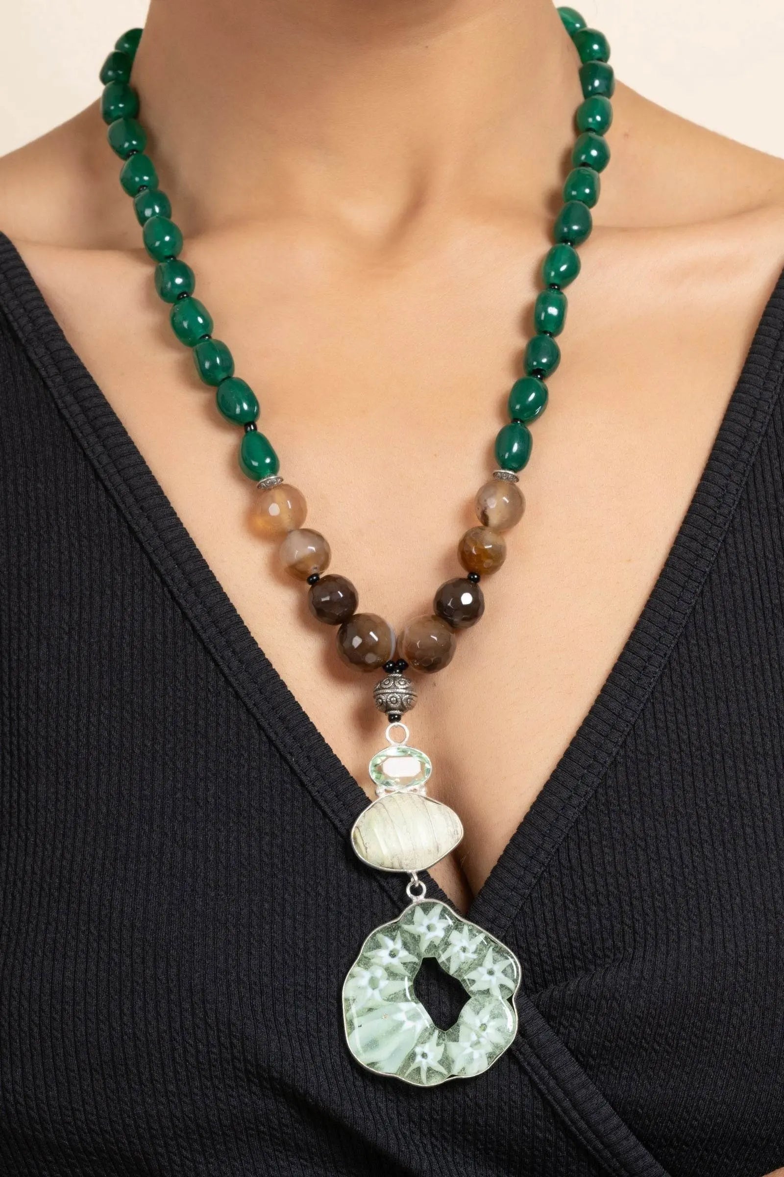 Handcrafted Semi Precious Brown Green Agate Onyx Stone Necklace with Matching Earrings Jewelry Set - Lookandadorn.com