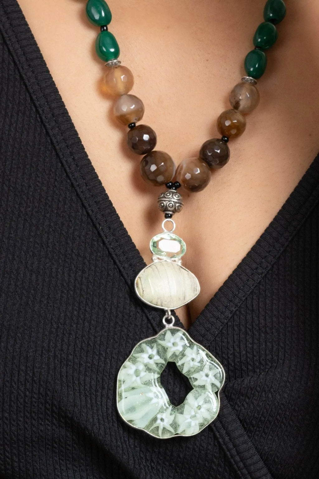 Handcrafted Semi Precious Brown Green Agate Onyx Stone Necklace with Matching Earrings Jewelry Set - Lookandadorn.com