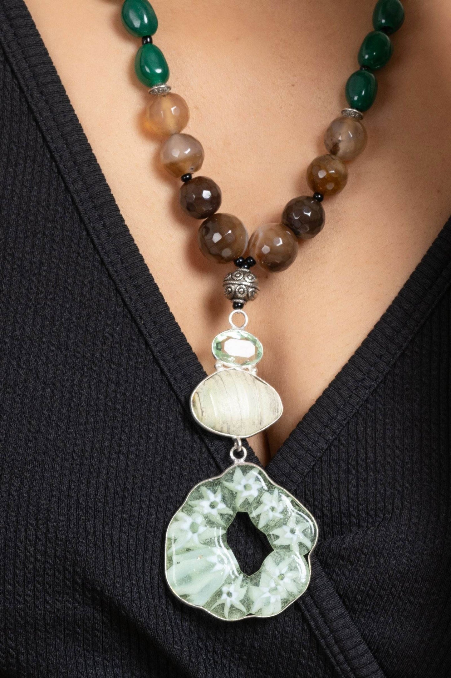 Handcrafted Semi Precious Brown Green Agate Onyx Stone Necklace with Matching Earrings Jewelry Set - Lookandadorn.com