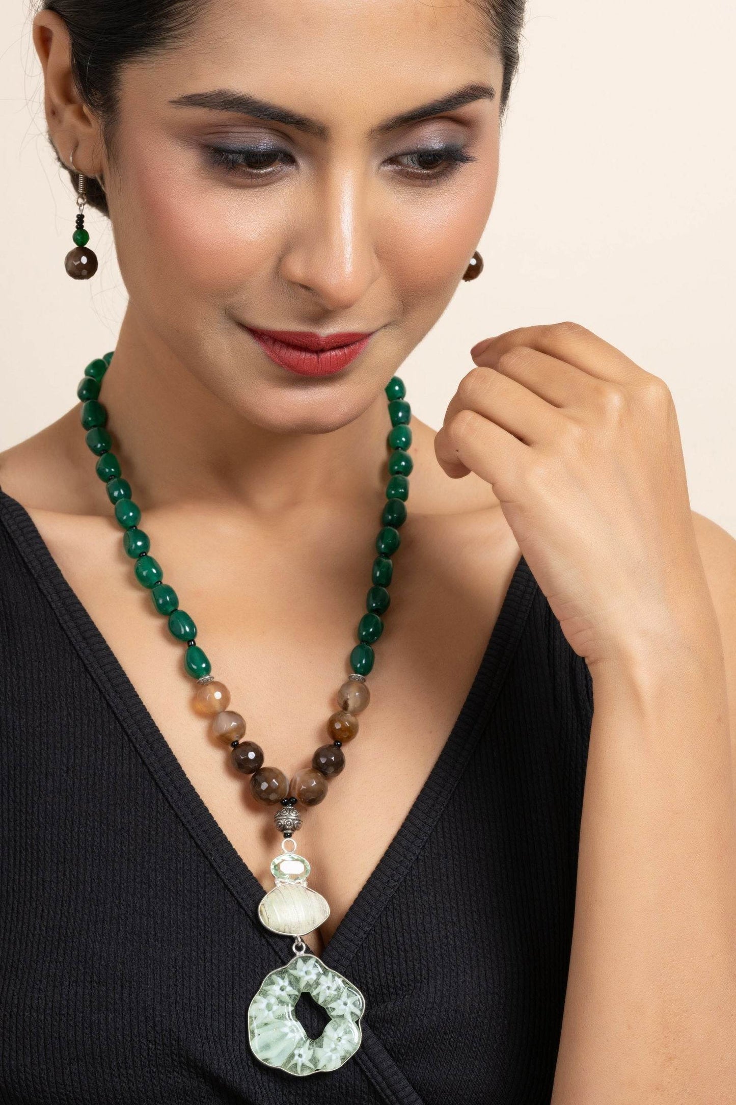 Handcrafted Semi Precious Brown Green Agate Onyx Stone Necklace with Matching Earrings Jewelry Set - Lookandadorn.com