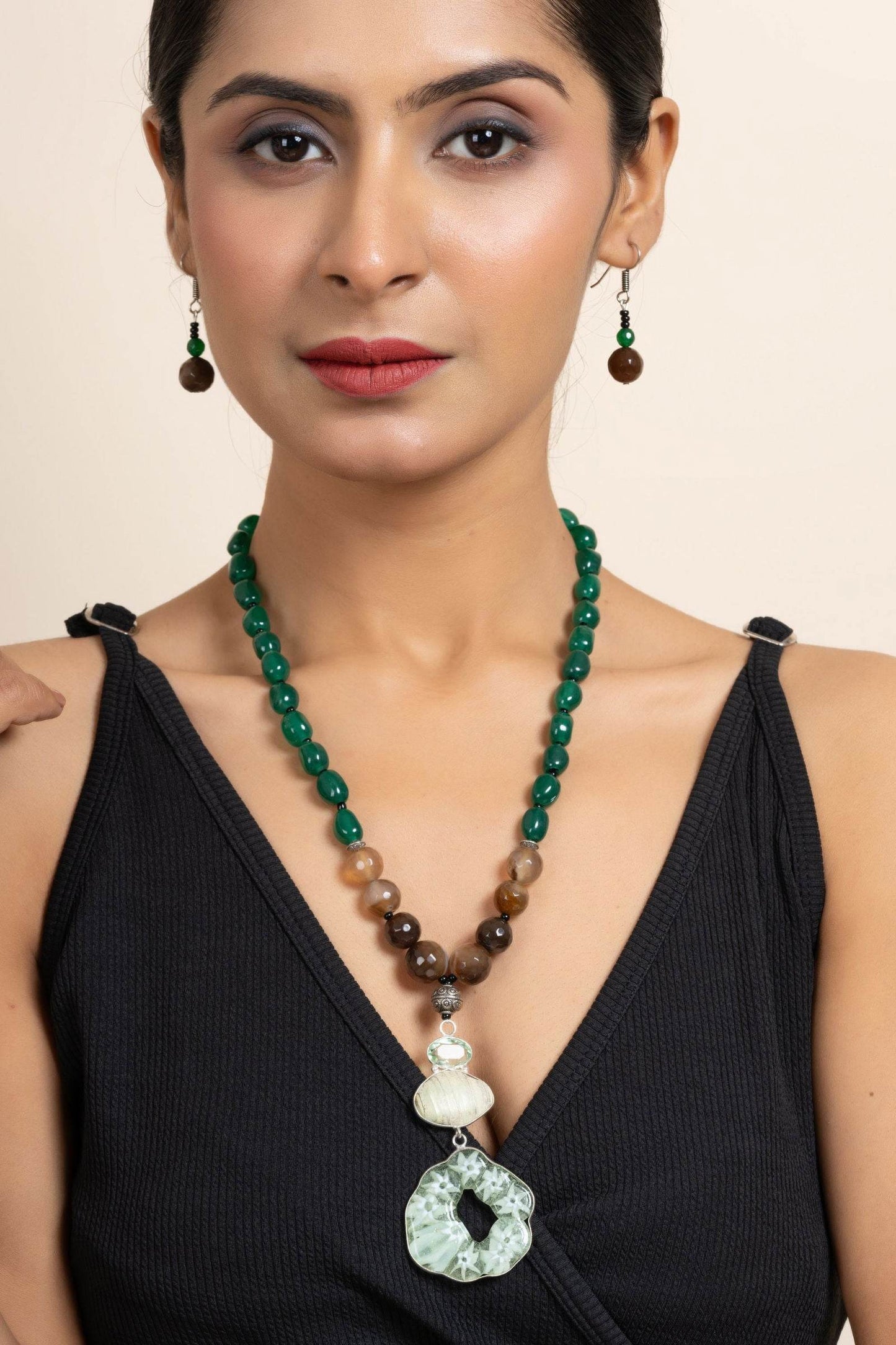 Handcrafted Semi Precious Brown Green Agate Onyx Stone Necklace with Matching Earrings Jewelry Set - Lookandadorn.com