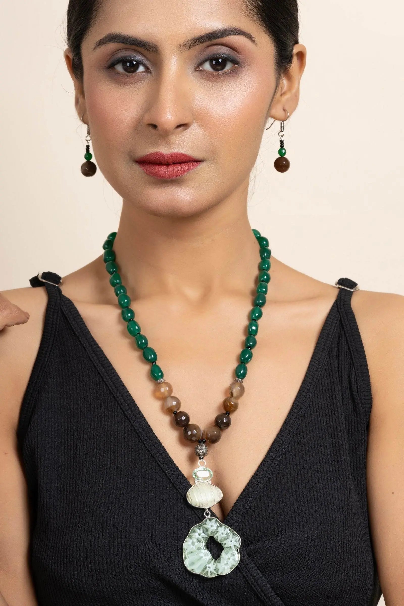 Handcrafted Semi Precious Brown Green Agate Onyx Stone Necklace with Matching Earrings Jewelry Set - Lookandadorn.com