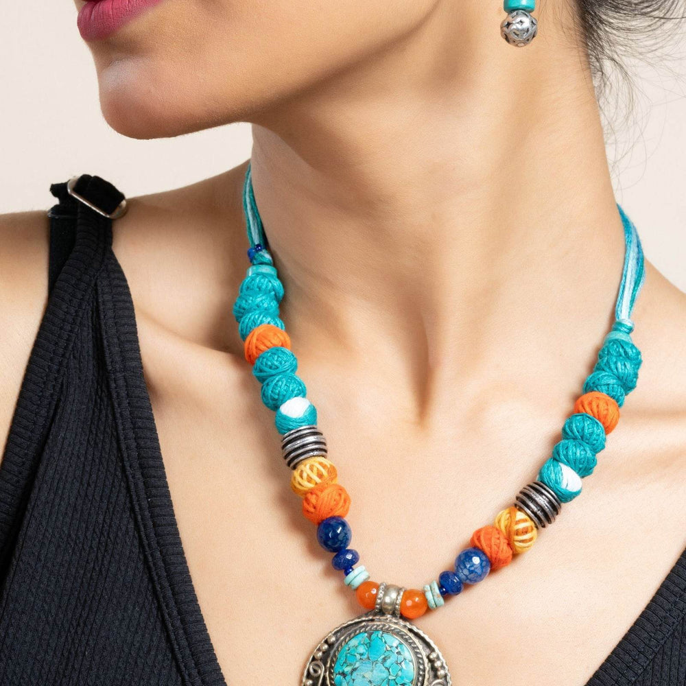 Handmade Semi Precious Turquoise Blue Red Tibetan Necklace Set with Matching Earrings and Adjustable Dori - Lookandadorn.com