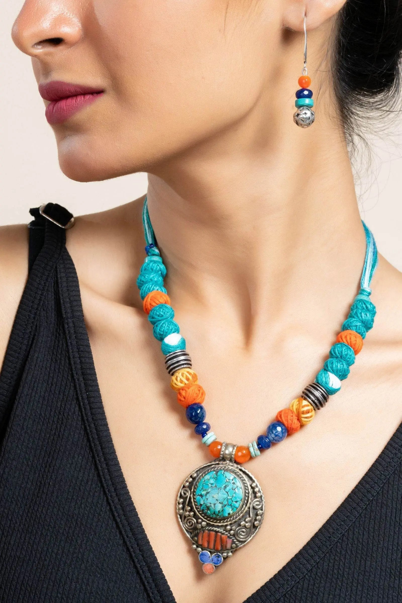 Handmade Semi Precious Turquoise Blue Red Tibetan Necklace Set with Matching Earrings and Adjustable Dori - Lookandadorn.com