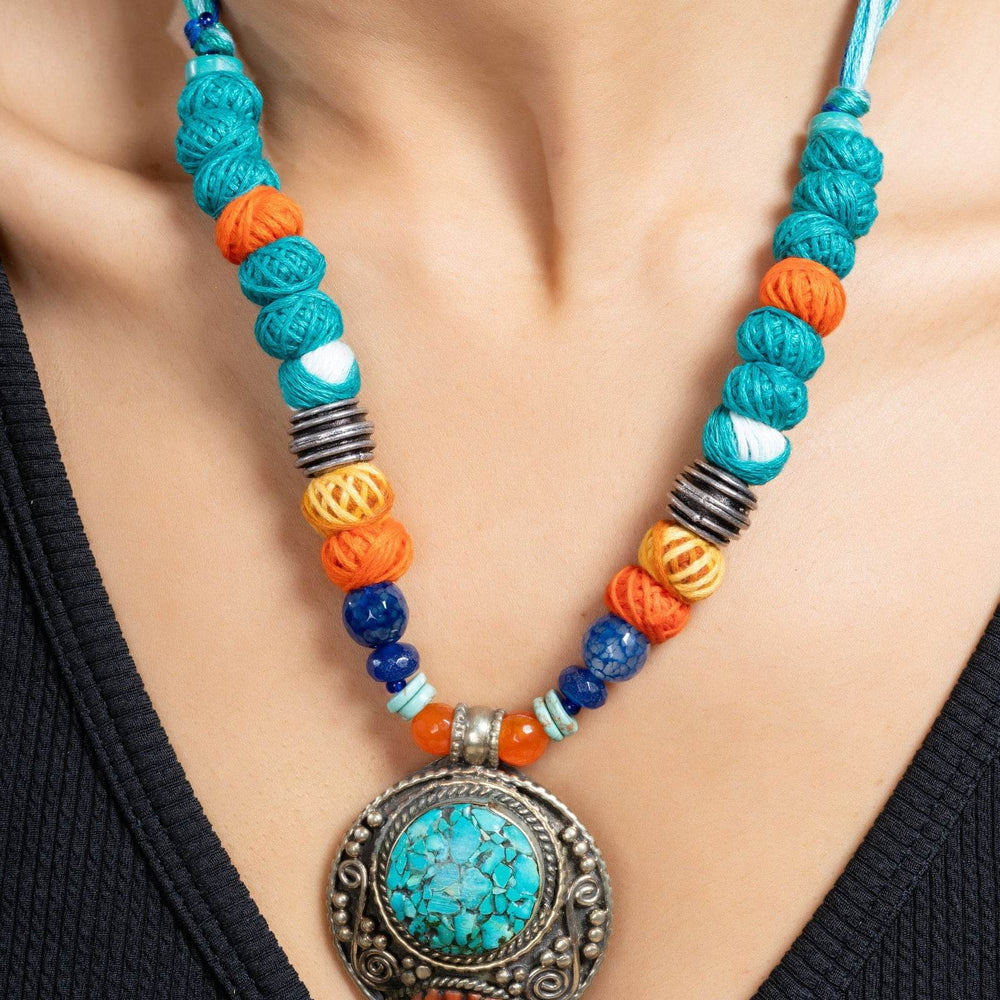 Handmade Semi Precious Turquoise Blue Red Tibetan Necklace Set with Matching Earrings and Adjustable Dori - Lookandadorn.com