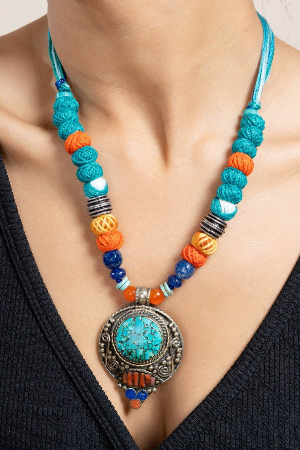 Handmade Semi Precious Turquoise Blue Red Tibetan Necklace Set with Matching Earrings and Adjustable Dori - Lookandadorn.com