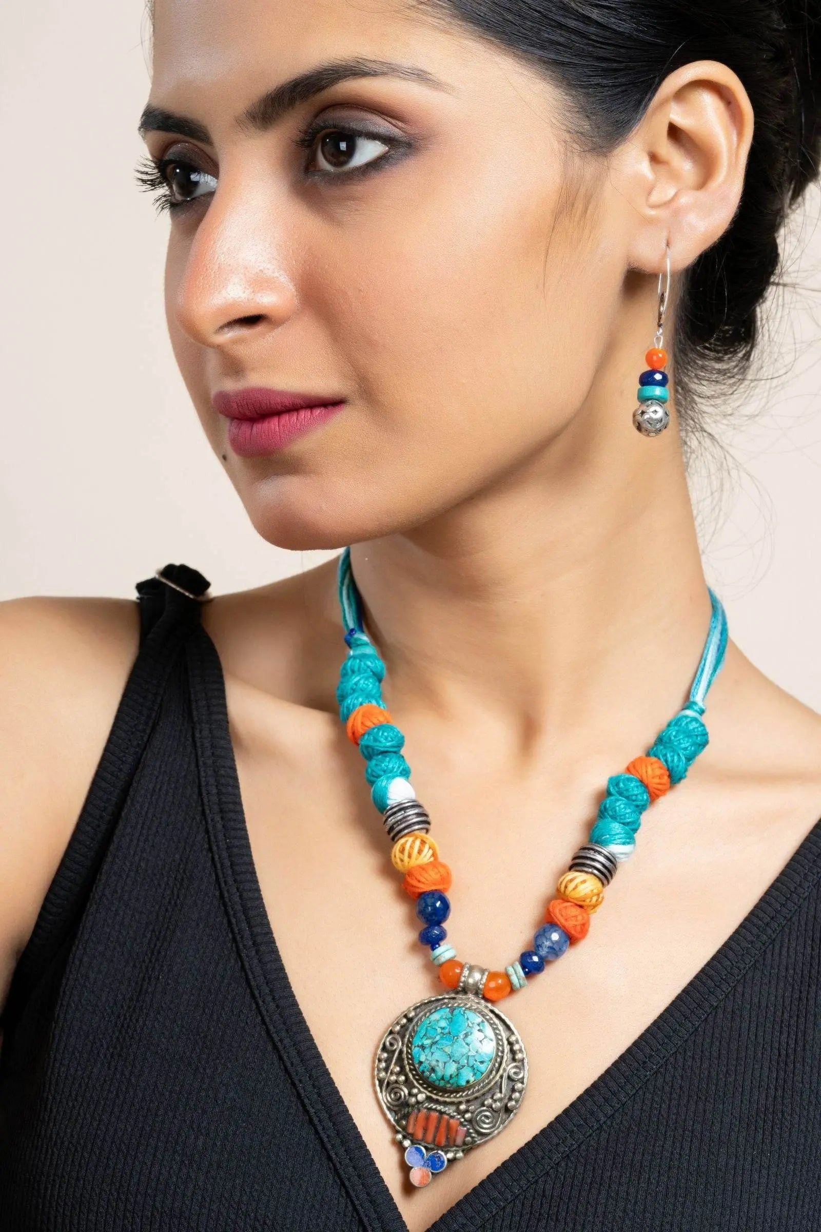 Handmade Semi Precious Turquoise Blue Red Tibetan Necklace Set with Matching Earrings and Adjustable Dori - Lookandadorn.com