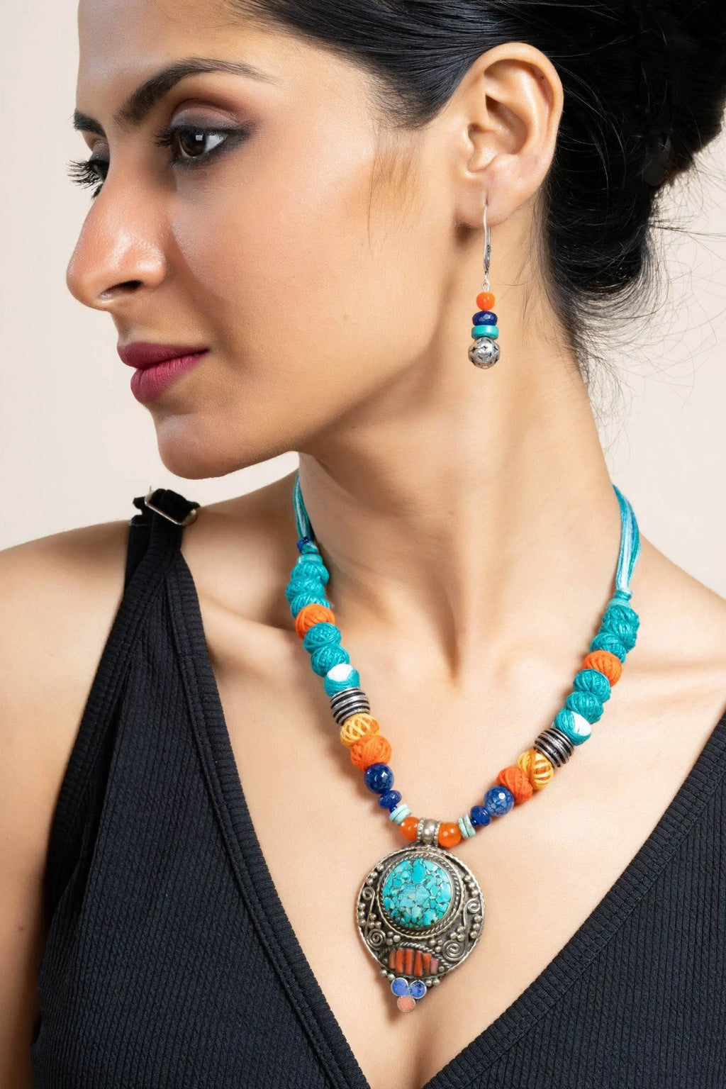 Handmade Semi Precious Turquoise Blue Red Tibetan Necklace Set with Matching Earrings and Adjustable Dori - Lookandadorn.com