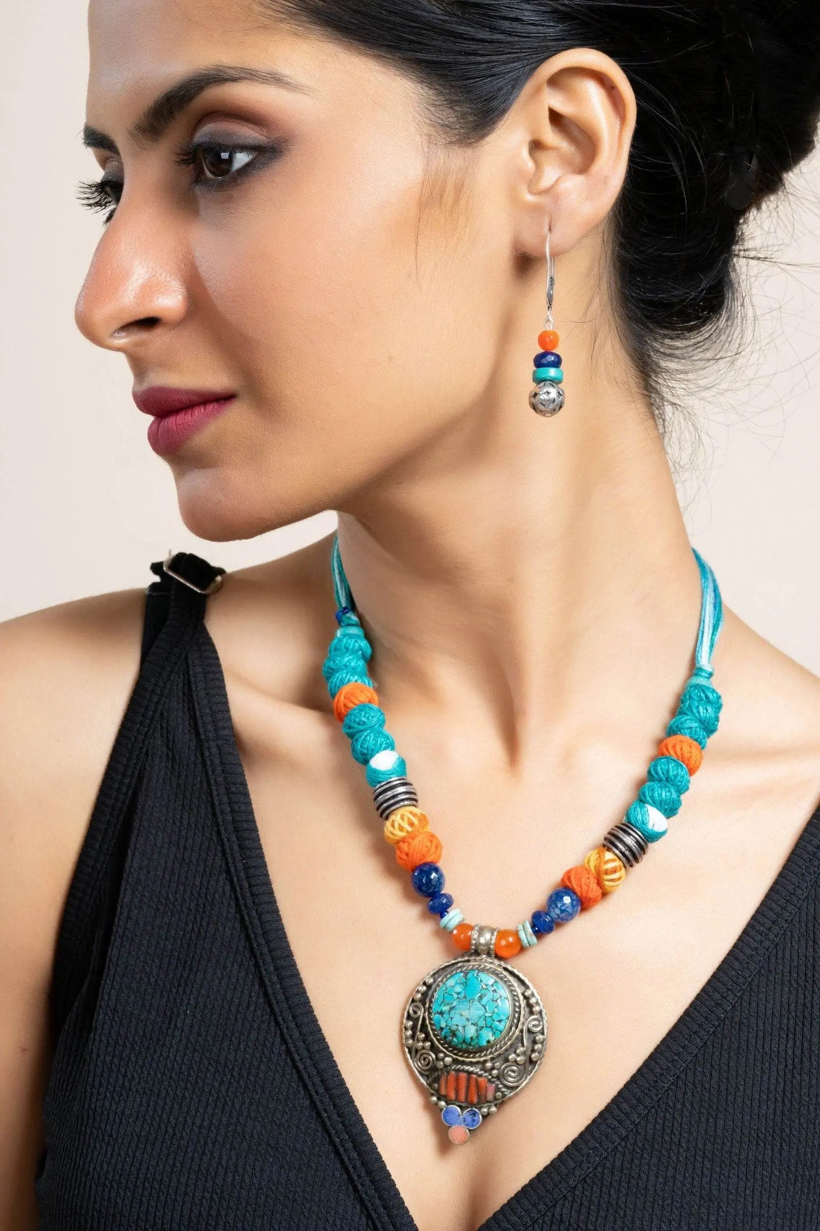 Handmade Semi Precious Turquoise Blue Red Tibetan Necklace Set with Matching Earrings and Adjustable Dori - Lookandadorn.com